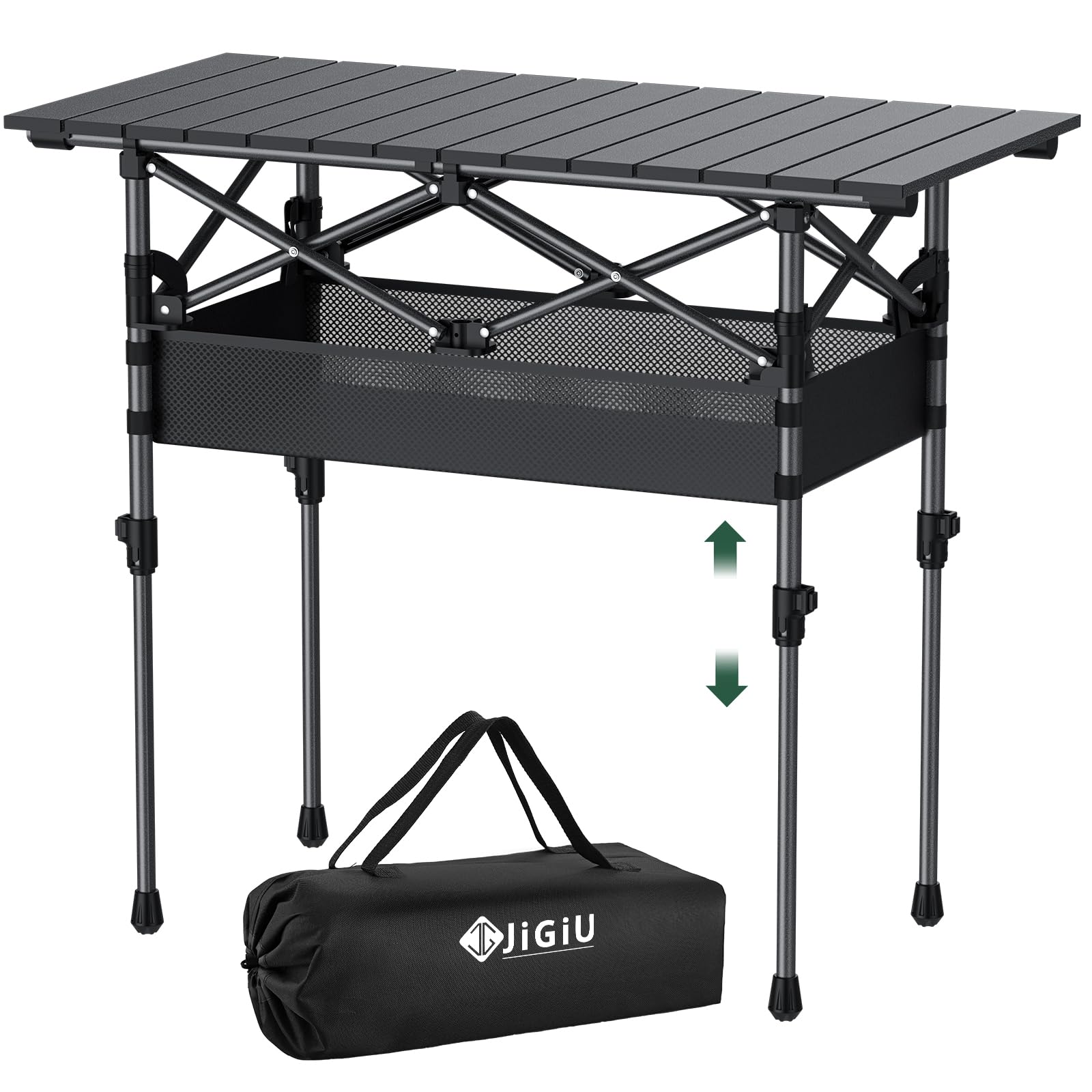 JiGiU Tavolo Pieghevole da Esterno 70 cm Nero Regolabile in Altezza-Design a Pacchetto Compatto con Rete Portaoggetti, per Campeggio, Giardino, Spiaggia e Picnic