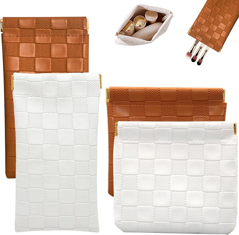 Kit lyBlissor com 4 bolsas e estojos para cosméticos, padrão xadrez, Branco e Marrom
