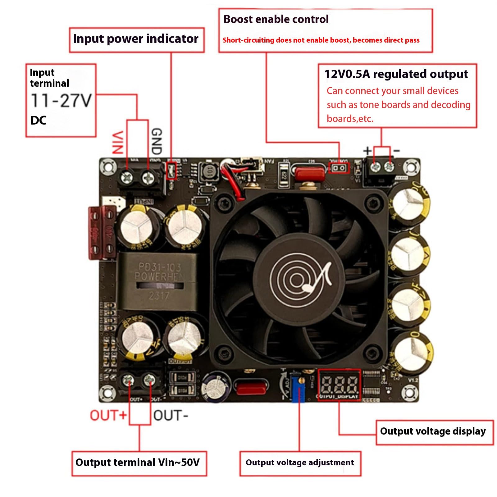 Precisions - Módulo potenciador de voltaje ajustable de 12 V, 24 V a 50 V, 500 W, salida para aficionados técnicos e ingenieros, módulo de voltajes variables
