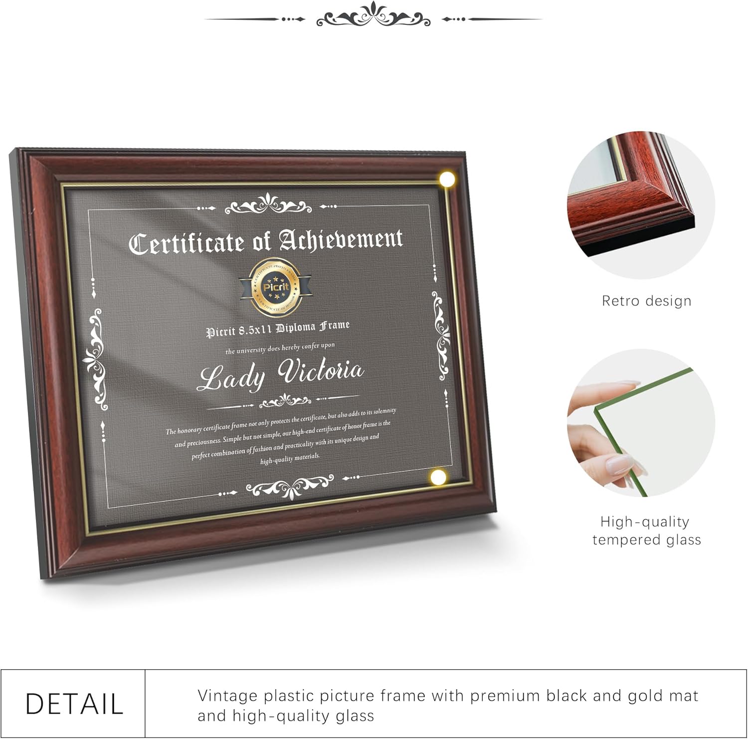 Picrit 8.5x11 Mahogany Diploma Certificate Frame with Tempered Glass, Degree Document Frame with Gold Rim for Wall and Tabletop, 3 Pack