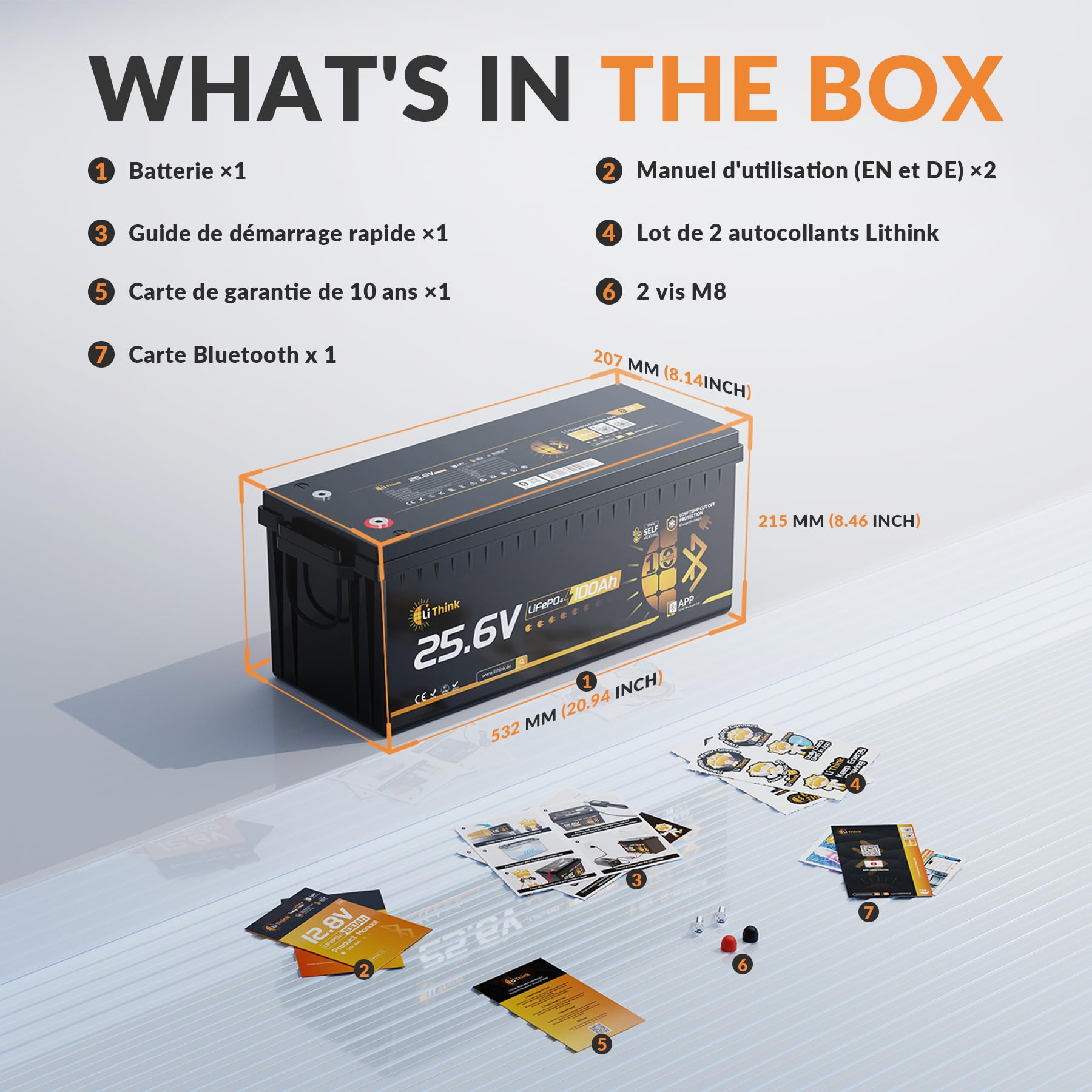 Batterie LiFePO4 Lithium 25.6V 100Ah Bluetooth, 150A BMS Protection, 2560Wh Énergie, Jusqu’à 15000 Cycles, Batterie Solaire Camping-Car, Bateau, Marine, Système Hors Réseau