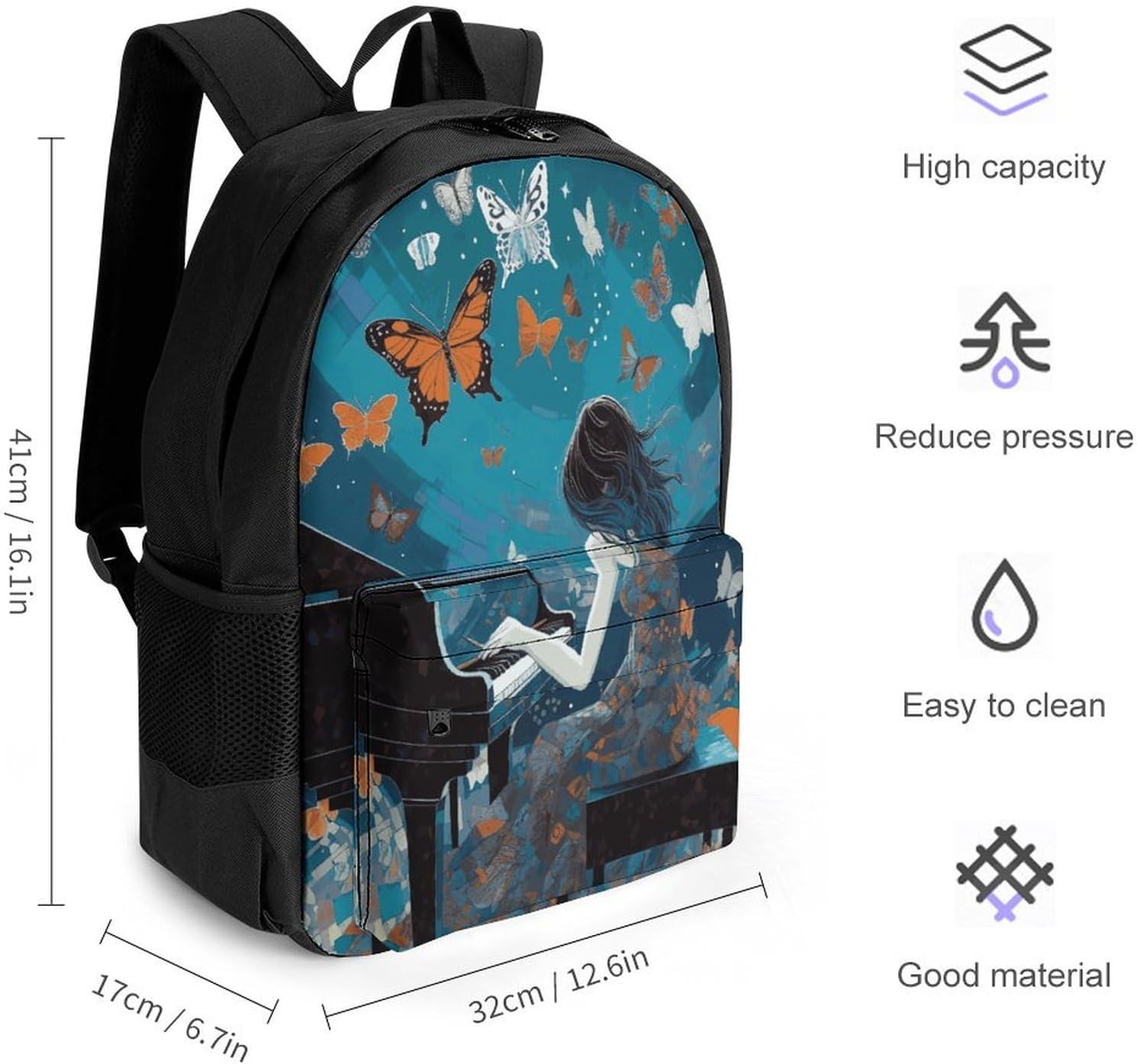 Girl Playing Piano Backpack Daypack Travel Backpack | Lightweight Casual Laptop Backpack for Women Men Aesthetic Travel Bag for Weekender Business Hiking Outdoor