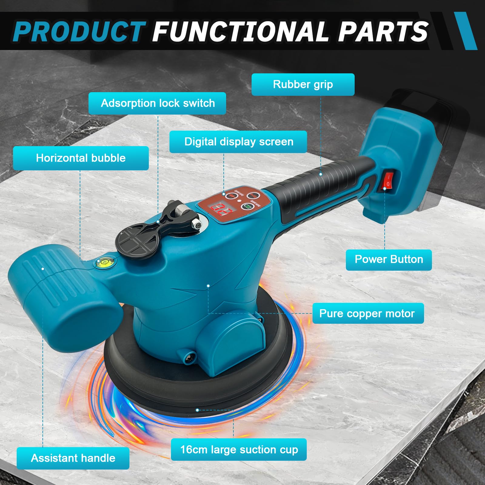 Professioneller Akku Fliesenleger, Fliesenvibrator kompatibel mit Makita 18V Akku, Fliesenlegergerät mit 9 verstellbaren Zahnrädern, 16cm Saugnapf und 200kg Adsorption zum Verlegen von 0,3-2m Fliesen