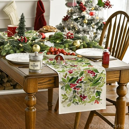 Miniatura 8 de Artoid Mode Camino de mesa de Navidad con acebo de acuarela, decoración de mesa de comedor para interiores y exteriores, decoración de fiesta para