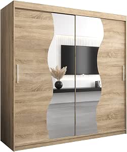 Armoire De Chambre Avec 2 Portes Coulissantes Et Miroir - 180x200x62 Cm, Chêne Sonoma, Tringle Et étagères