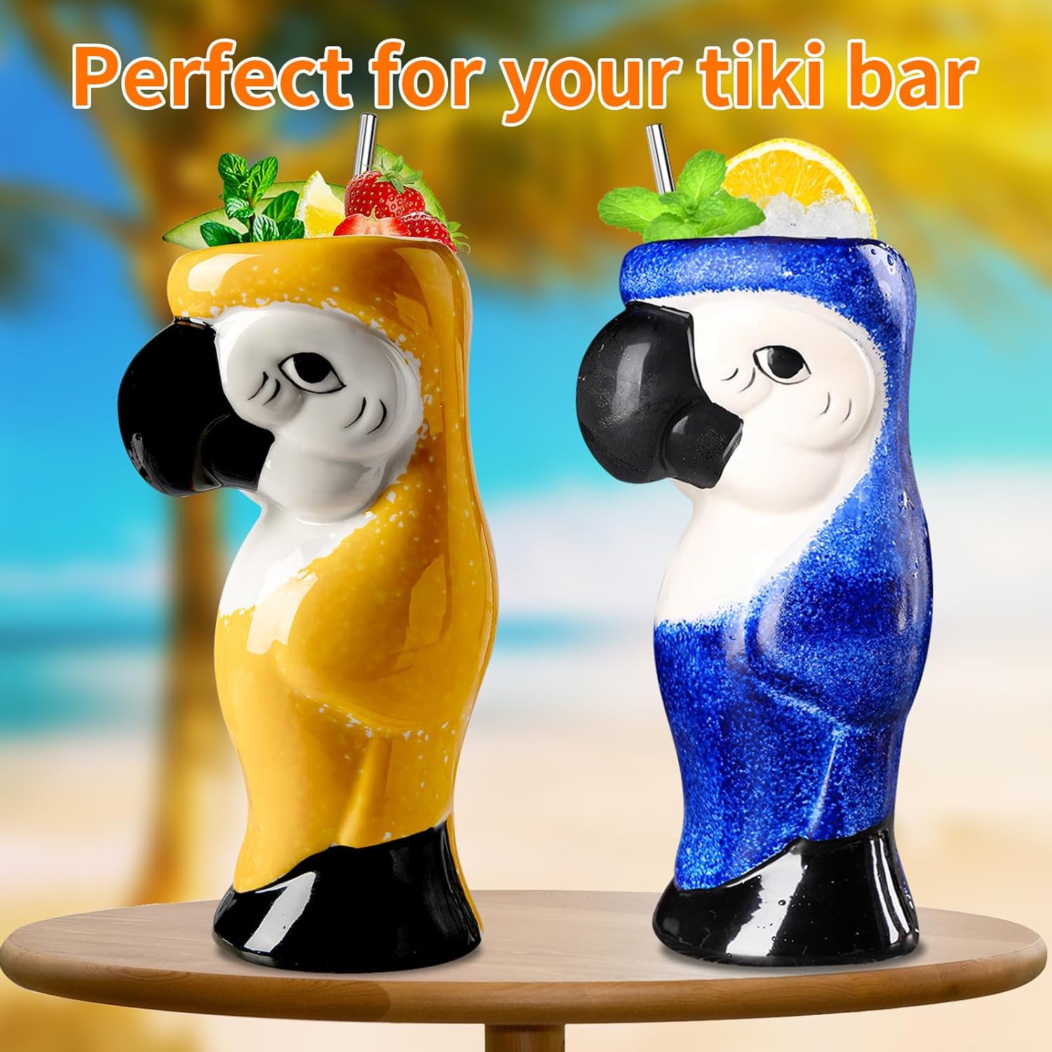 SuproBarware Tiki Mugs Set of 2 - Large Parrot Cocktail Tiki Glasses Hawaiian Party Cute Exotic Cocktail Glasses Hawaiian Ceramic Mug - Image 4