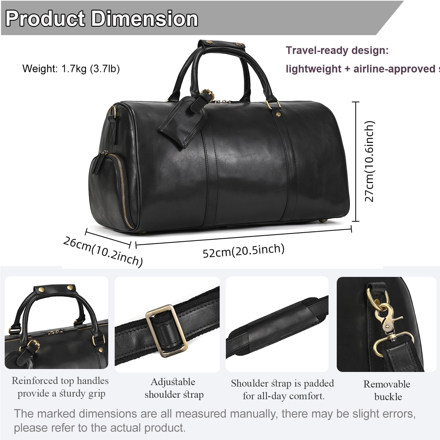 Genuine Leather Duffle Bag, Airline Approved Carry-On Multi Pocket for Clothes Shoes Sportswear, Versatile for Business Trip Gym Daily Use