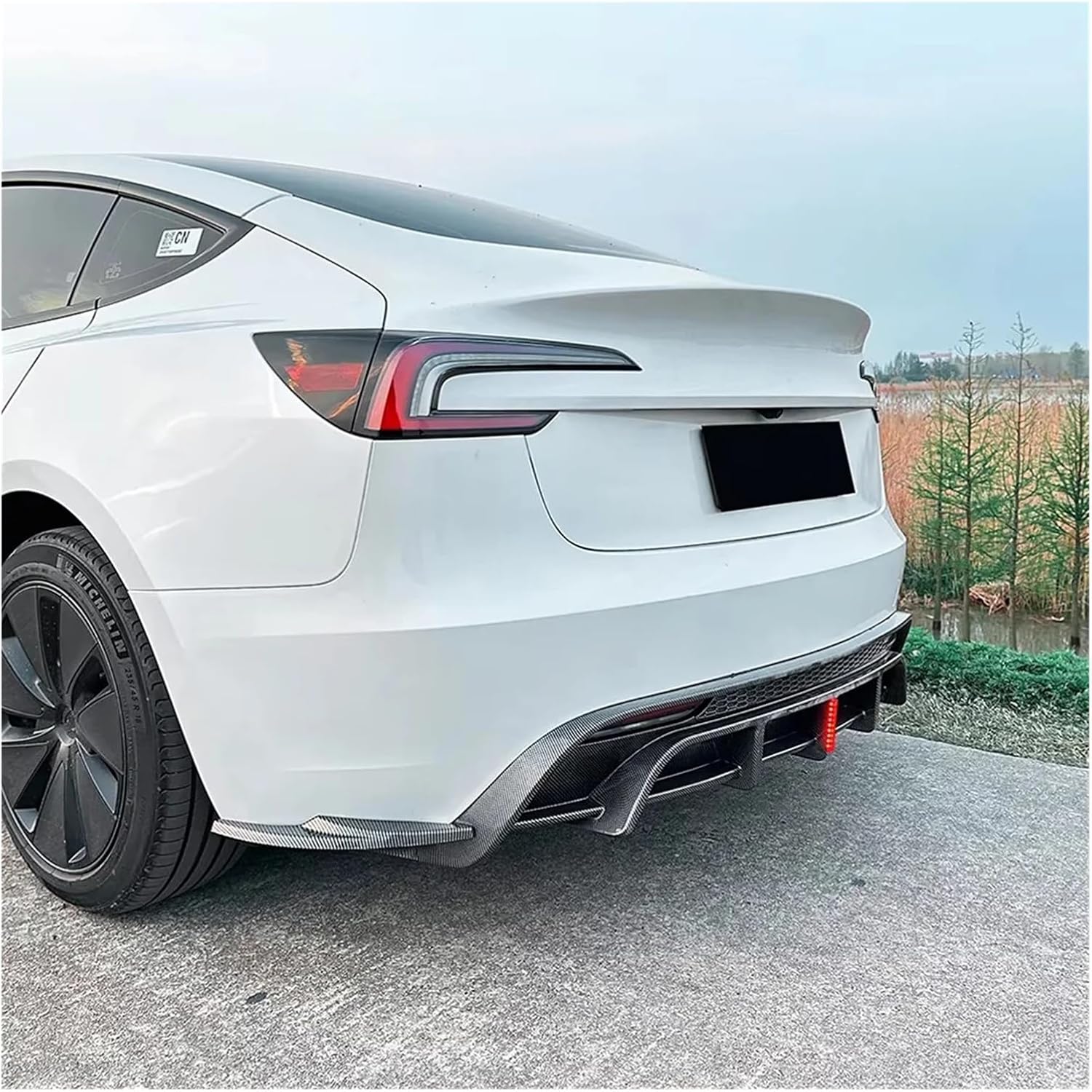 For Tesla Model 3 Highland 2024 2025 Car Rear Bumper Lip Diffuser With Pilot Light LED-Rear Spoiler Tuning Protector(Carbon Look)