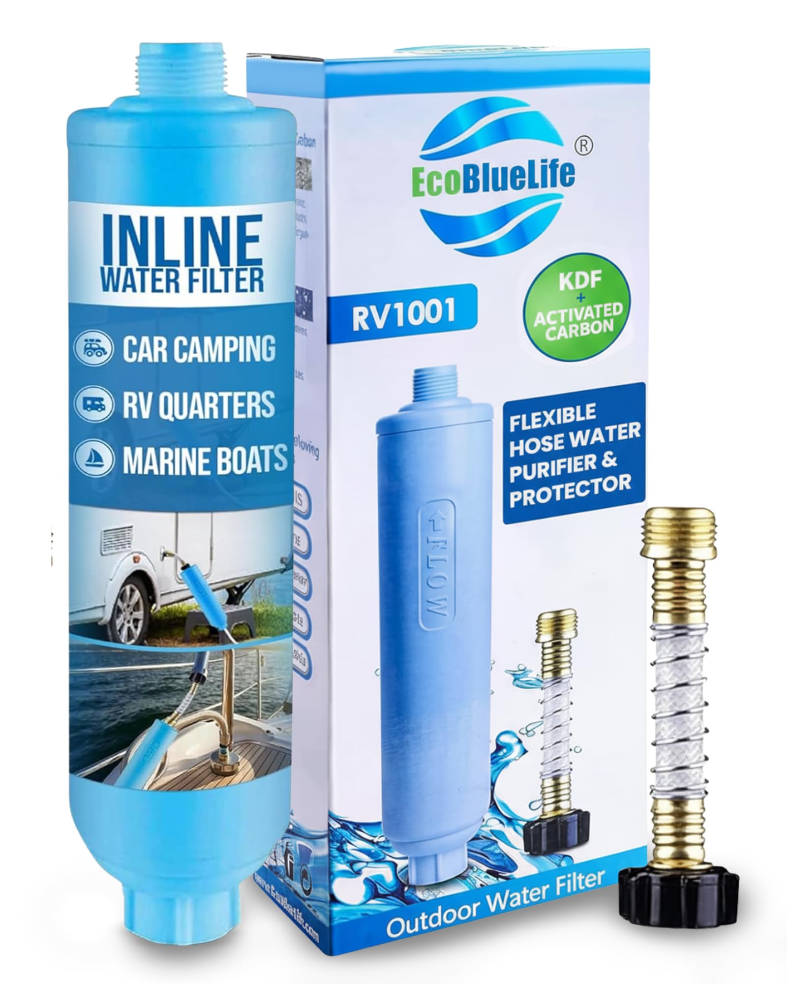 EcoBlueLife Filtro de agua en línea RV/Marine Filtro de agua con protector de manguera flexible, reduce los malos sabores, olores, cloro y sedimentos en agua potable - EBL RV1001