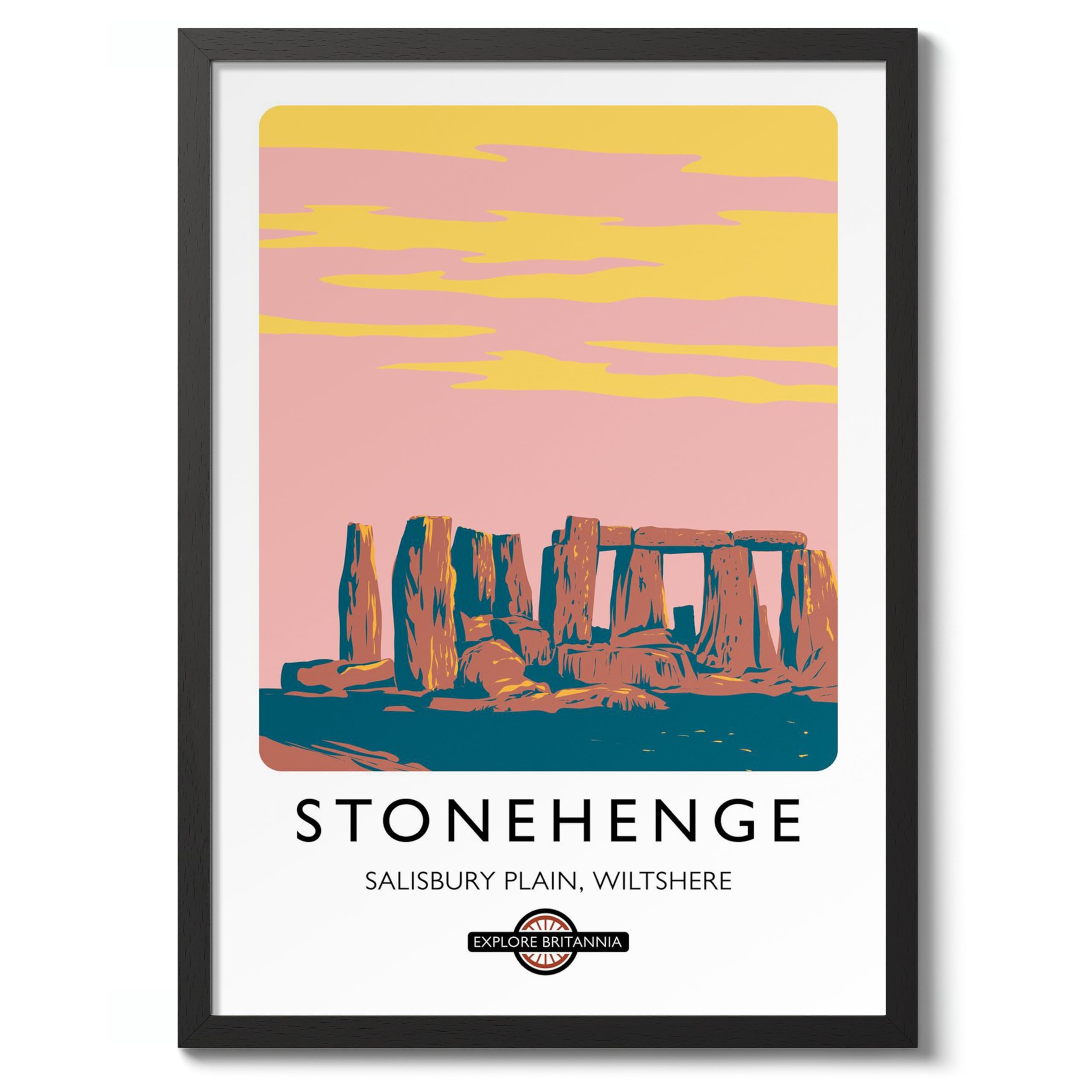 Stonehenge, Salisbury Plain, Wiltshere England Travel Poster, Explore Britain Modern Illustration Destination Print, Modern British UK Living Room Decor, A1 (Black Frame) - 86.9x62.4cm