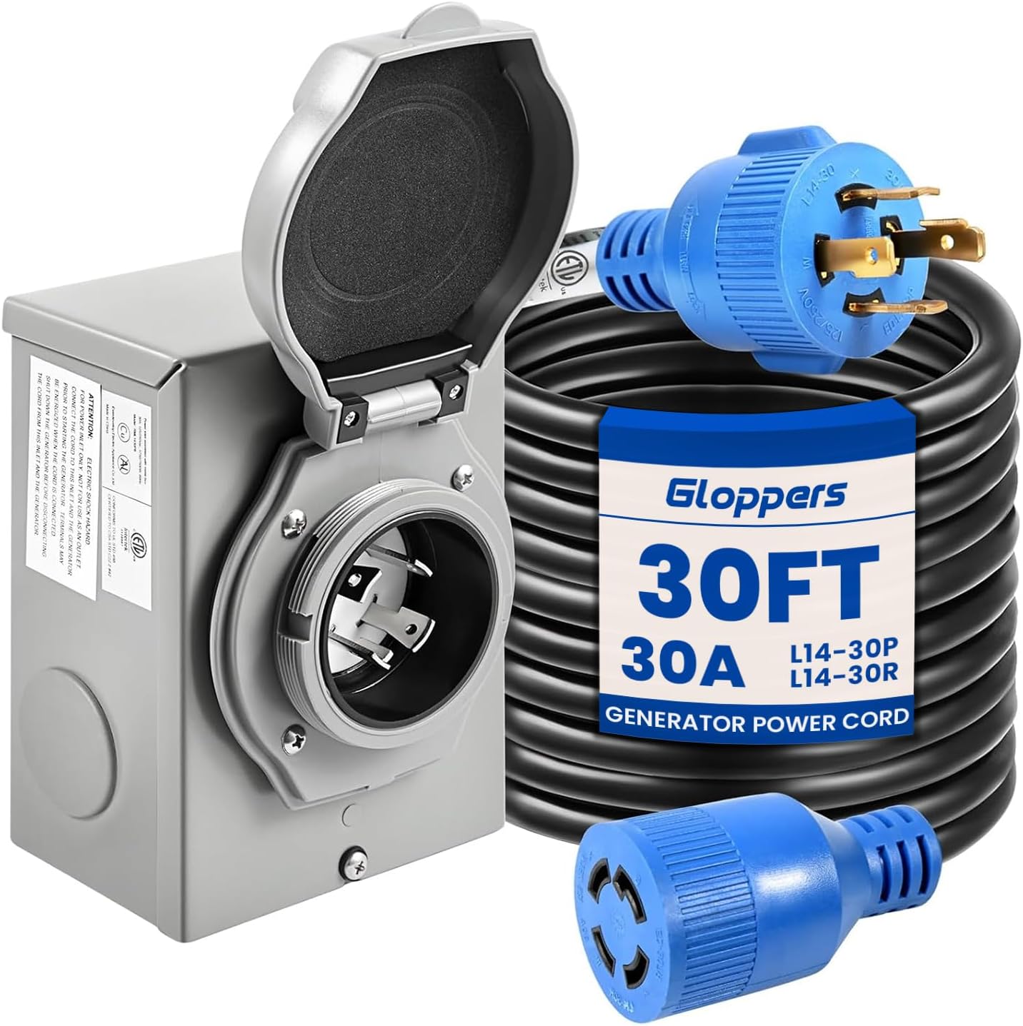 30 Amp Generator Cord and Power Inlet Box, 25FT Generator Cords 30 Amp,125V/250V Generator Power Cord NEMA L14-30P to L14-30R,Twist Lock Connector