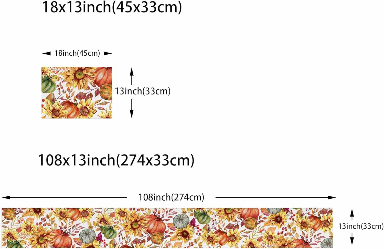 Fall Table Runner and Place Mats Set of 6 Watercolor Sunflowers and Pumpkins Linen Dining Mat Sets Washable Autumn Leaves Tabletop for Home Table Decorations 108 Inches Long