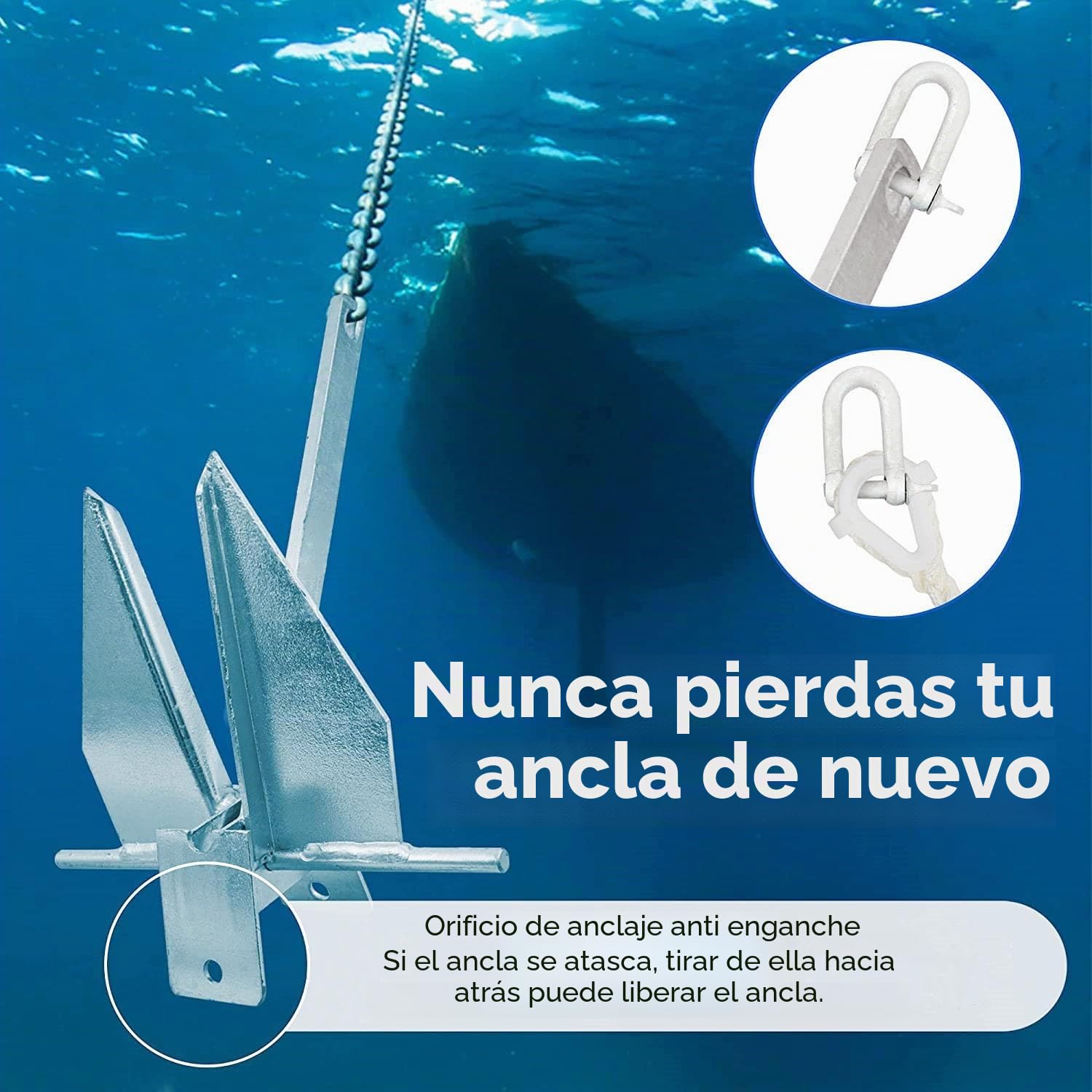 Kit de Anclaje para Barcos: Acero galvanizado en Caliente, Ancla Fluke de 6 kg con Cadena de 2 m y Cuerda de 30 m para pontones, veleros y Yates de hasta 9,5 m
