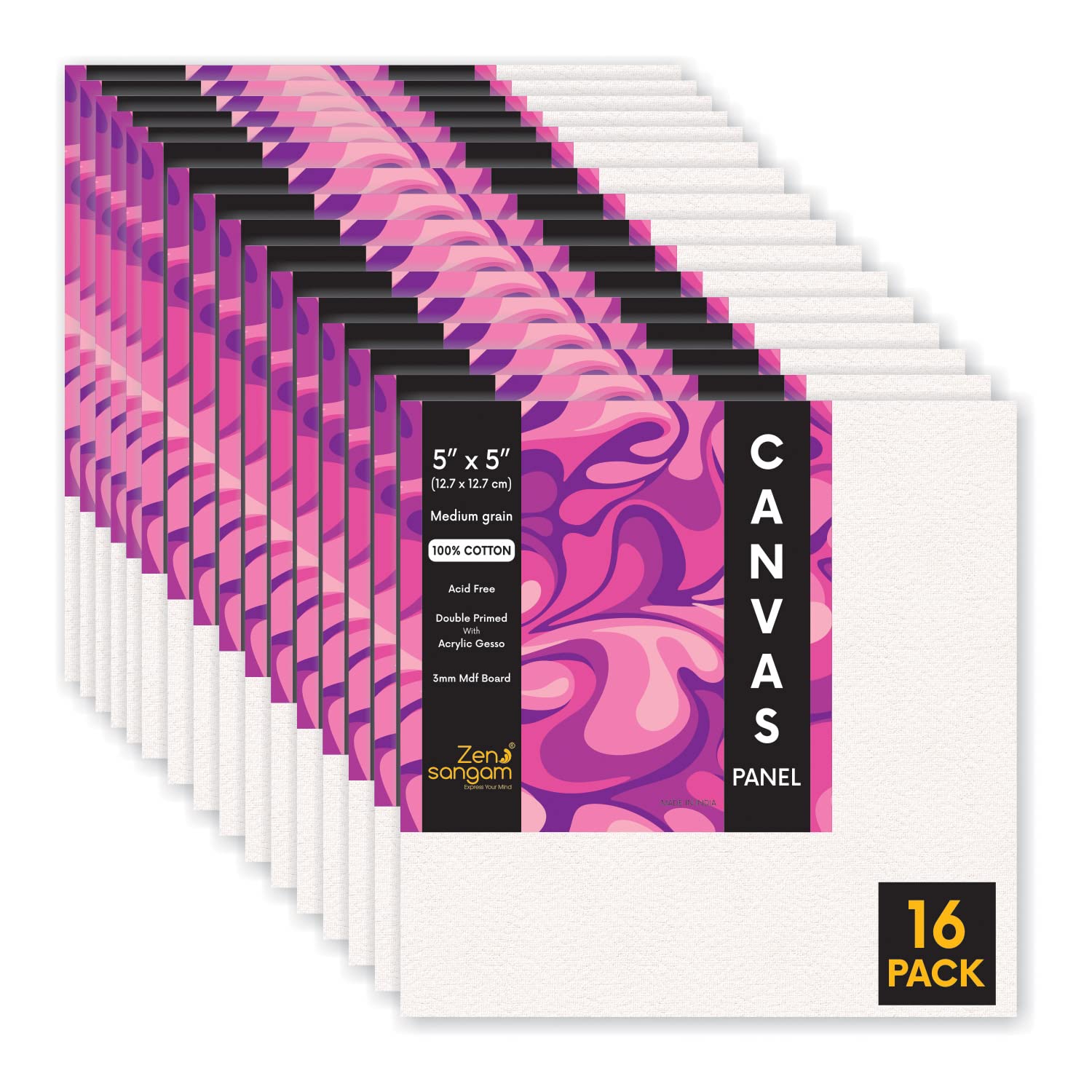 Zen Sangam Artists’ - Canvas Panels - 100% Cotton Gesso Primed - Size (5x5 inch) (Pack of 16) - Square Canvas Board - for Acrylics, Tempera, Poster Paints, Heavybody Paints, Oil Paints