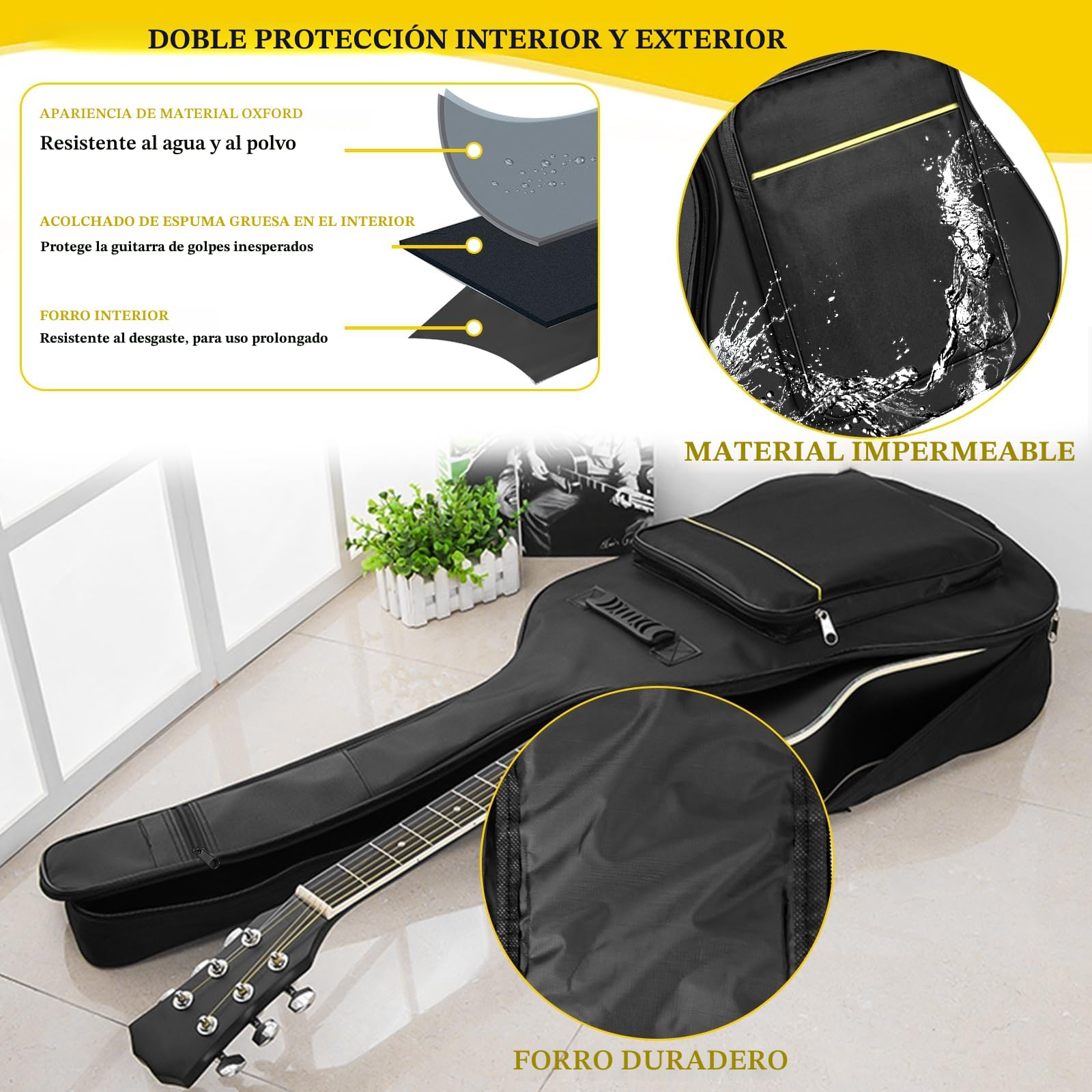 Bolsa para guitarra grande resistente al agua y desgarro, 106x41x8 cm, Negro, para guitarras de 39-41 pulgadas