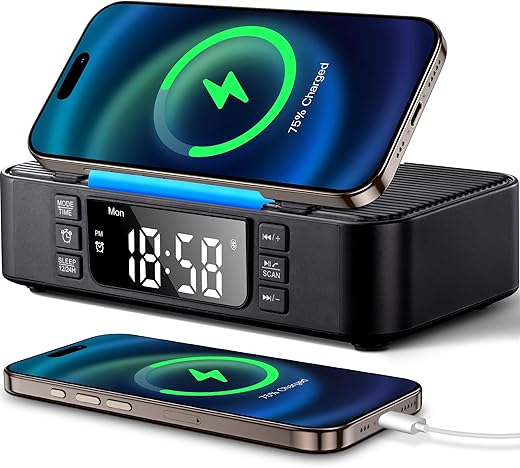 9 in 1 Wireless Charging Station with Bluetooth Speaker, Alarm Clock, FM Radio, Night Light –