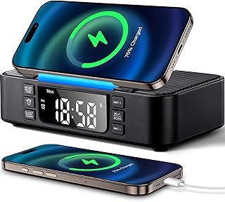 9-in-1 Wireless Charging Station with Bluetooth Speaker, Alarm Clock, FM Radio, Night Light – Compatible iPhone 17/16/15/SamsungS25/S24/Android, USB/Type-C/AUX, Phone Holder, Adjustable Display