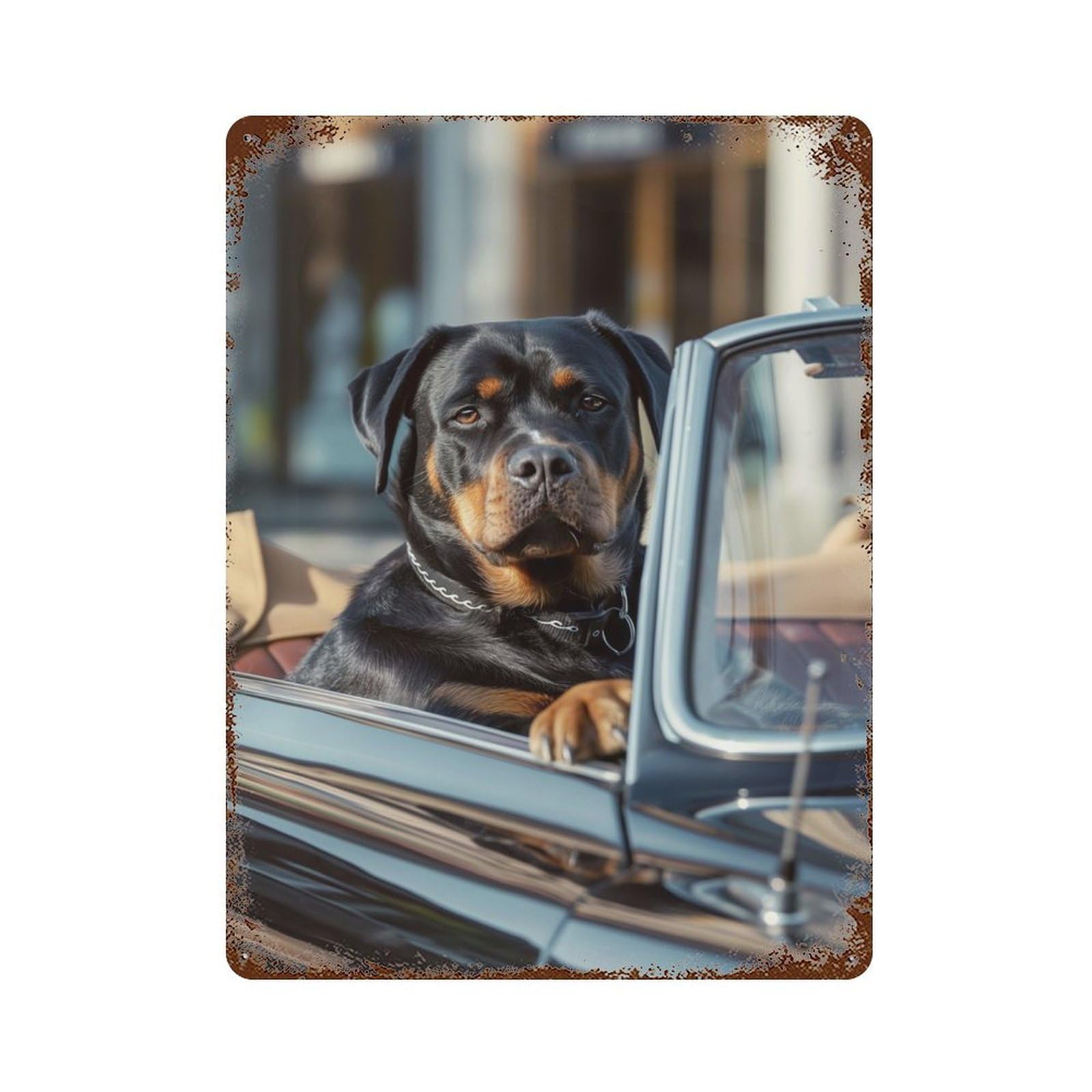 Vintage Rust Metal Sign with Rottweiler Cabriolet Car Design 15.7"x11.8", for Garage, Bar And Workshop Decor, Retro Wall Decor