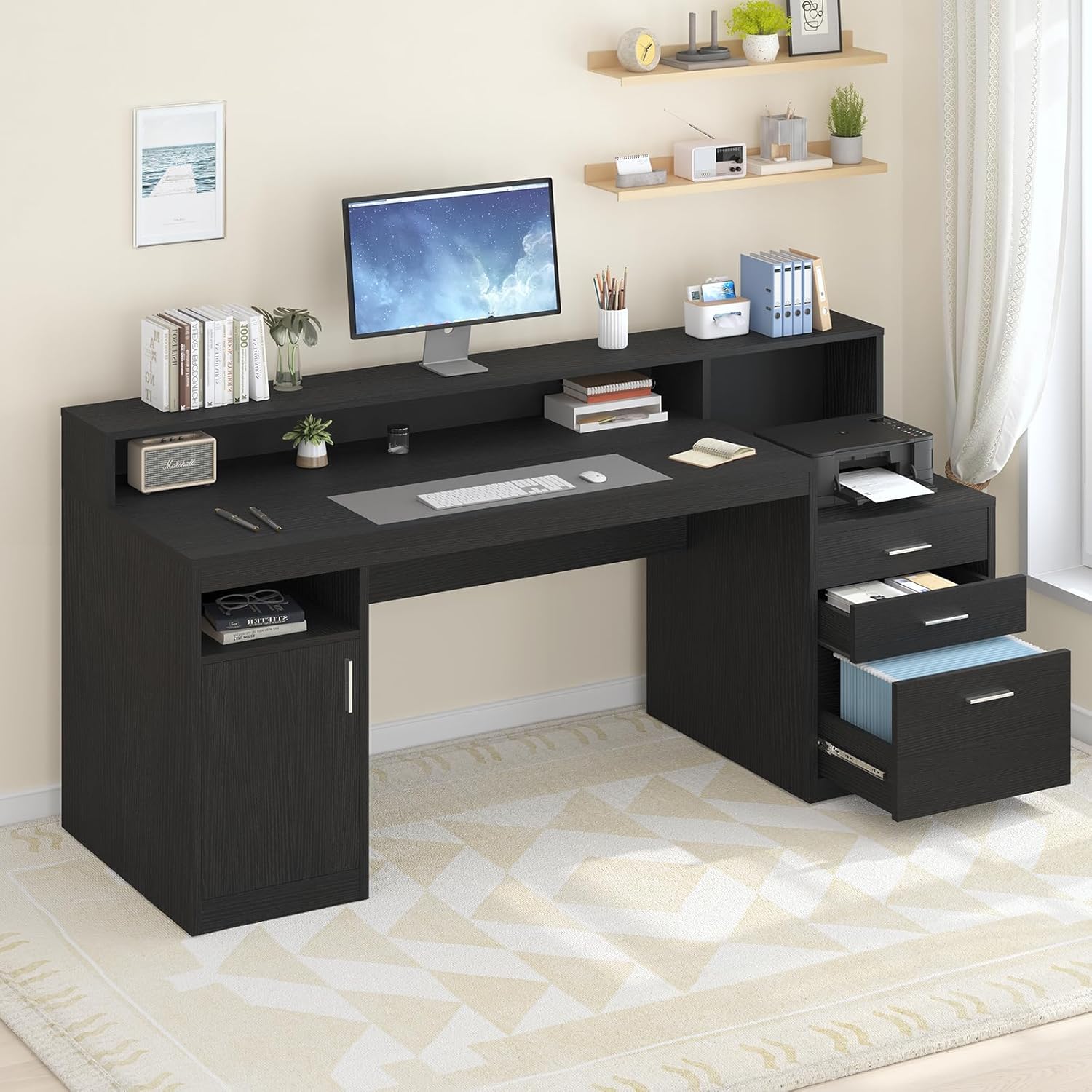 Computer Desk with 3 Drawer & Storage Shelves, Home Office Desk with File Drawer & Cabinet, Writing Study Table with Long Monitor Stand & Printer Shelf, Executive Desk, Black 65 Inch Desk Black