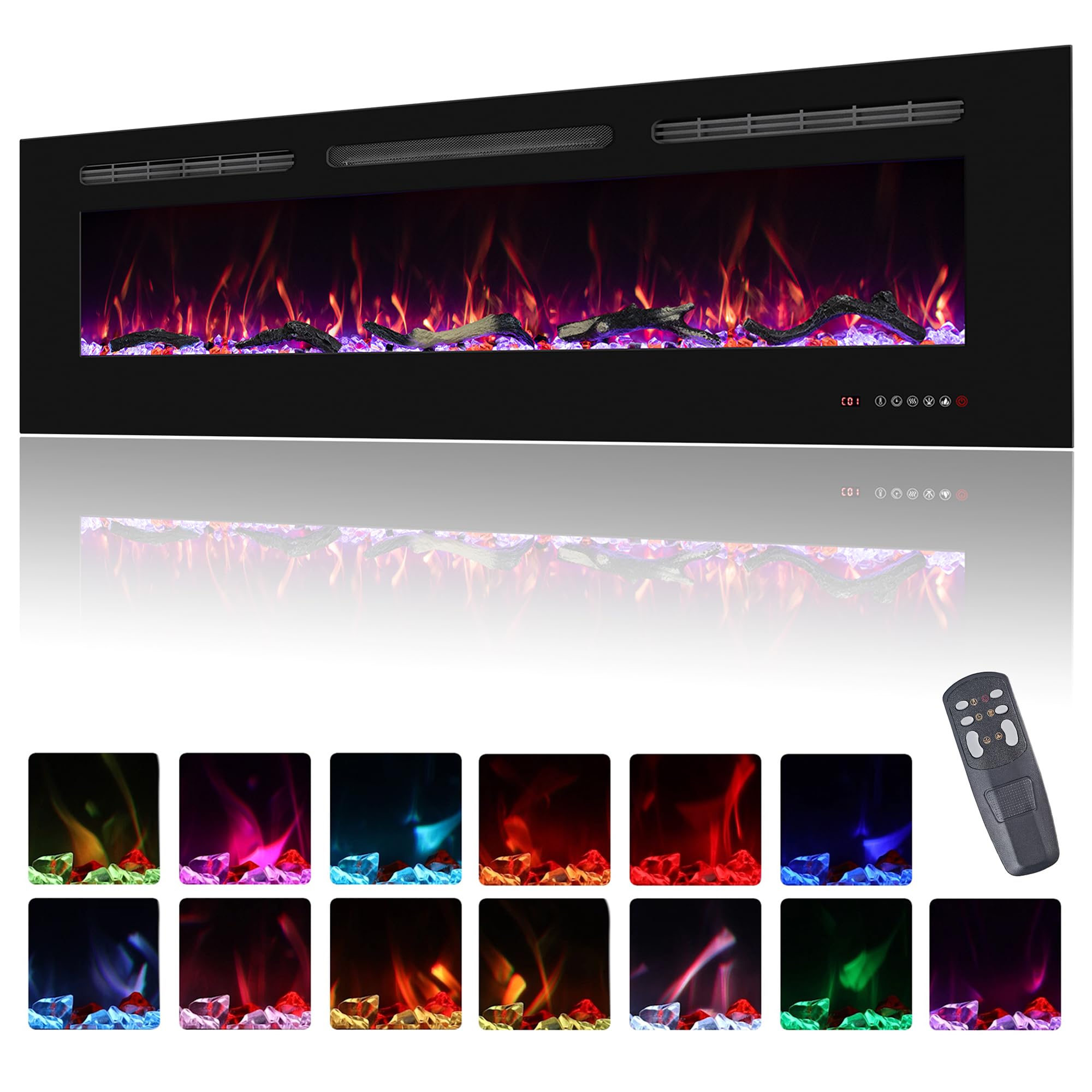 Elektrokamin Wandmontage, 13 Farbmodi LED flammeneffekt, 152 cm Kamin Heizung Glas-Touchscreen und Fernbedienung,1500W(60")