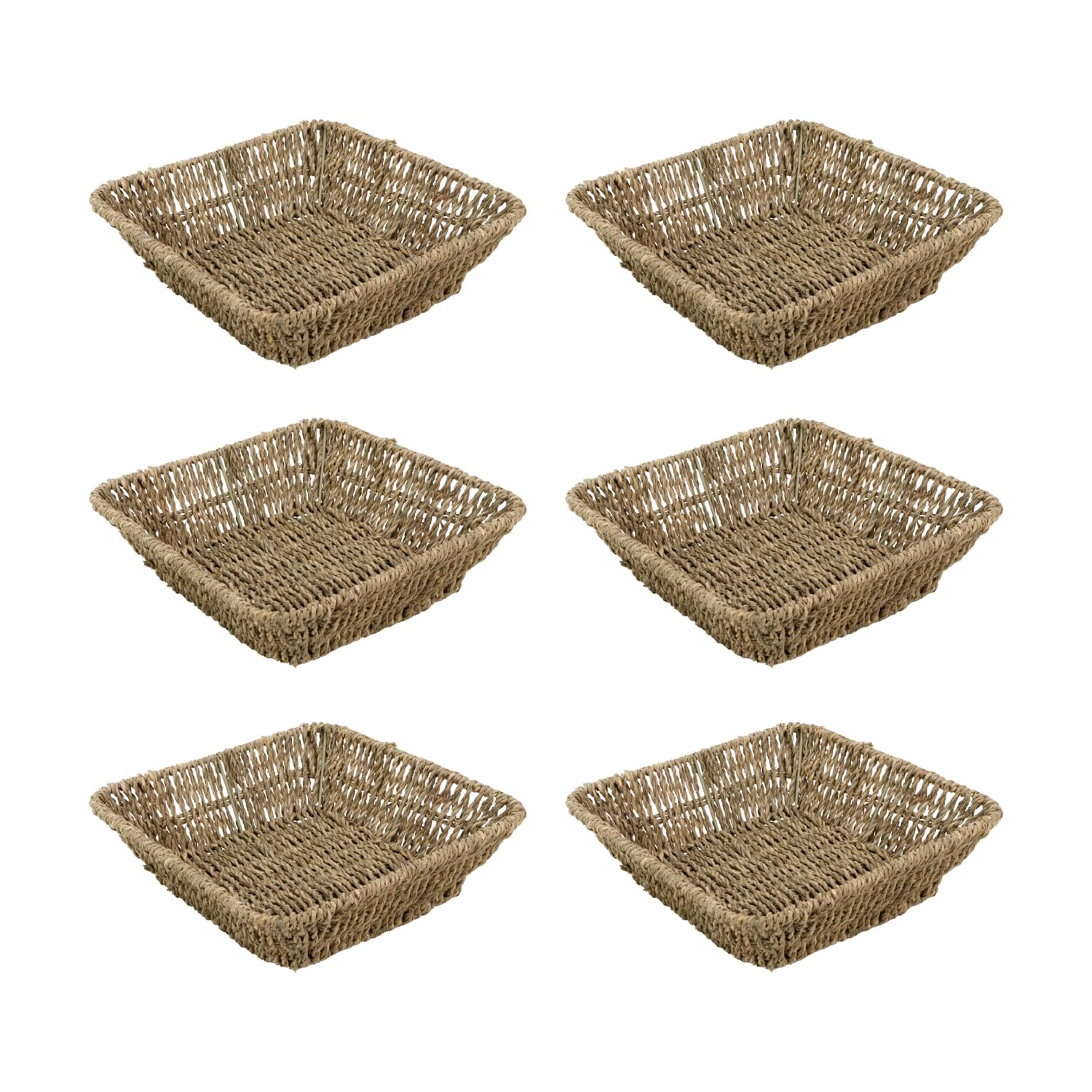 JVL Set of 6 Square Tapered Seagrass Storage Tray – Natural Hand Woven Basket for Home Organisation, Brown