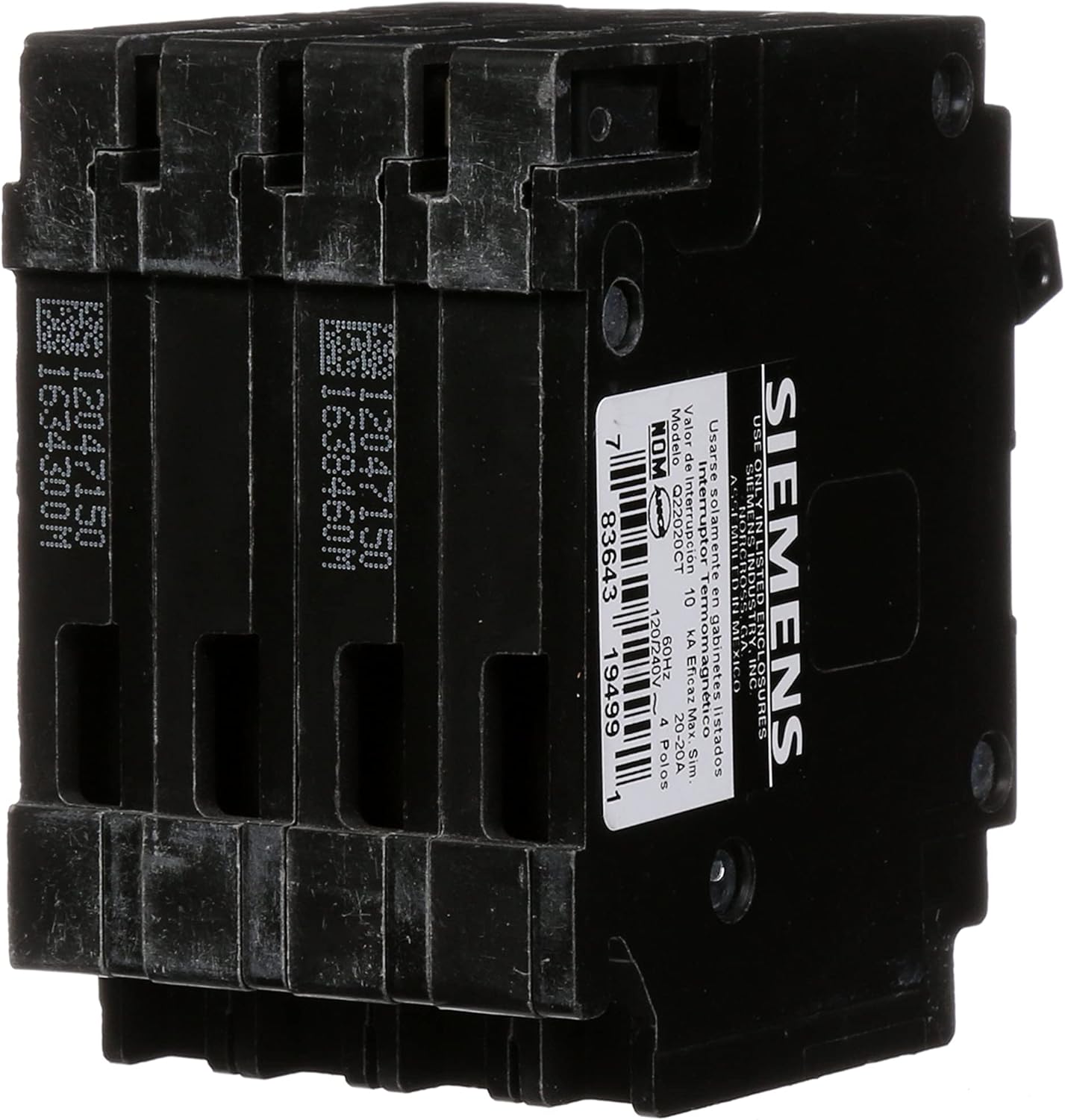 Siemens Q22020CT Triple Circuit Breaker, Plug-In, 20/20 Amps