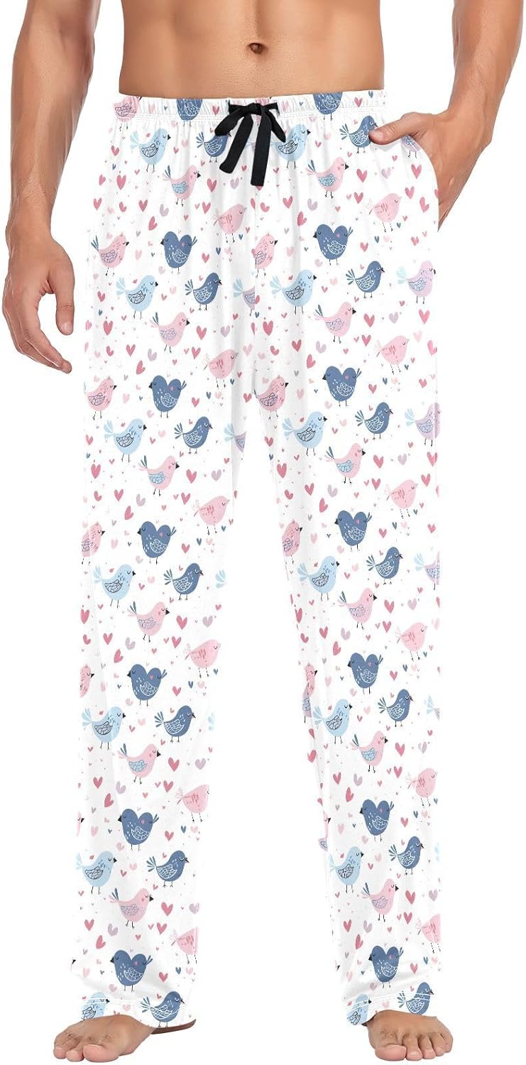 ALAZA Cute Bird Hearts Men's Pajama Pants Men Cotton Pajama Bottoms with Pockets, S