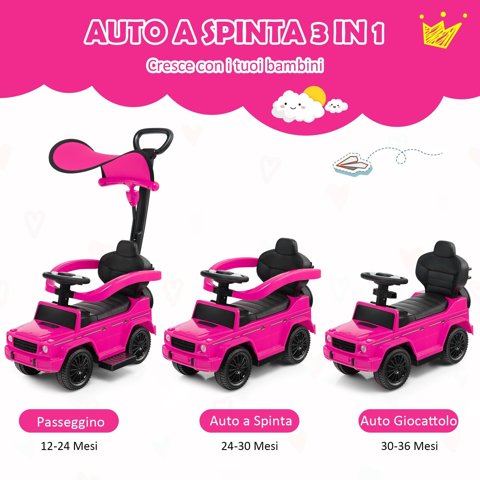 COSTWAY Auto a Spinta per Bambini, Macchina Cavalcabile a Spinta con Tettuccio Regolabile Maniglia per Genitori Paracolpi, Ideale per Bambini 12-36 Mesi (Rosa)
