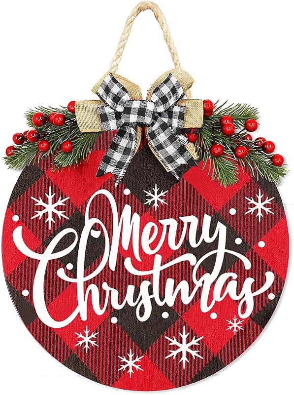 Corona de decoración navideña, cartel colgante a cuadros de búfalo de Feliz Navidad, decoración rústica de madera para puerta delantera, porche, hogar, ventana, pared, granja, decoración interior y exterior