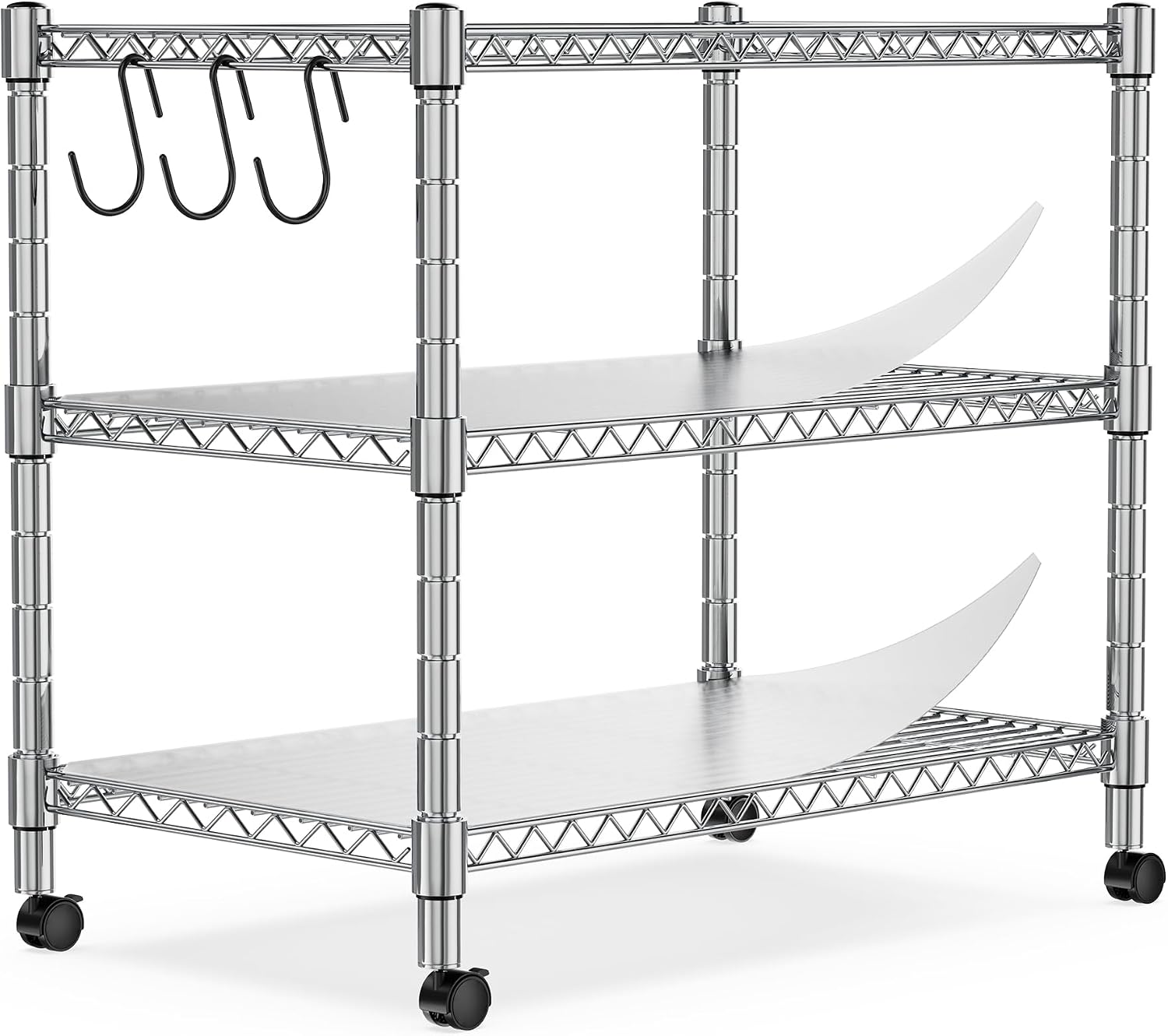 Heavy Duty 3-Shelf Shelving Unit, 24.02" W x 13.78" D x 21.97" H Chrome Steel Storage Rack with Wheels, 2 PP Shelf Liners and Hooks, Adjustable Under Desk Organizer for Kitchen, Office, Garage