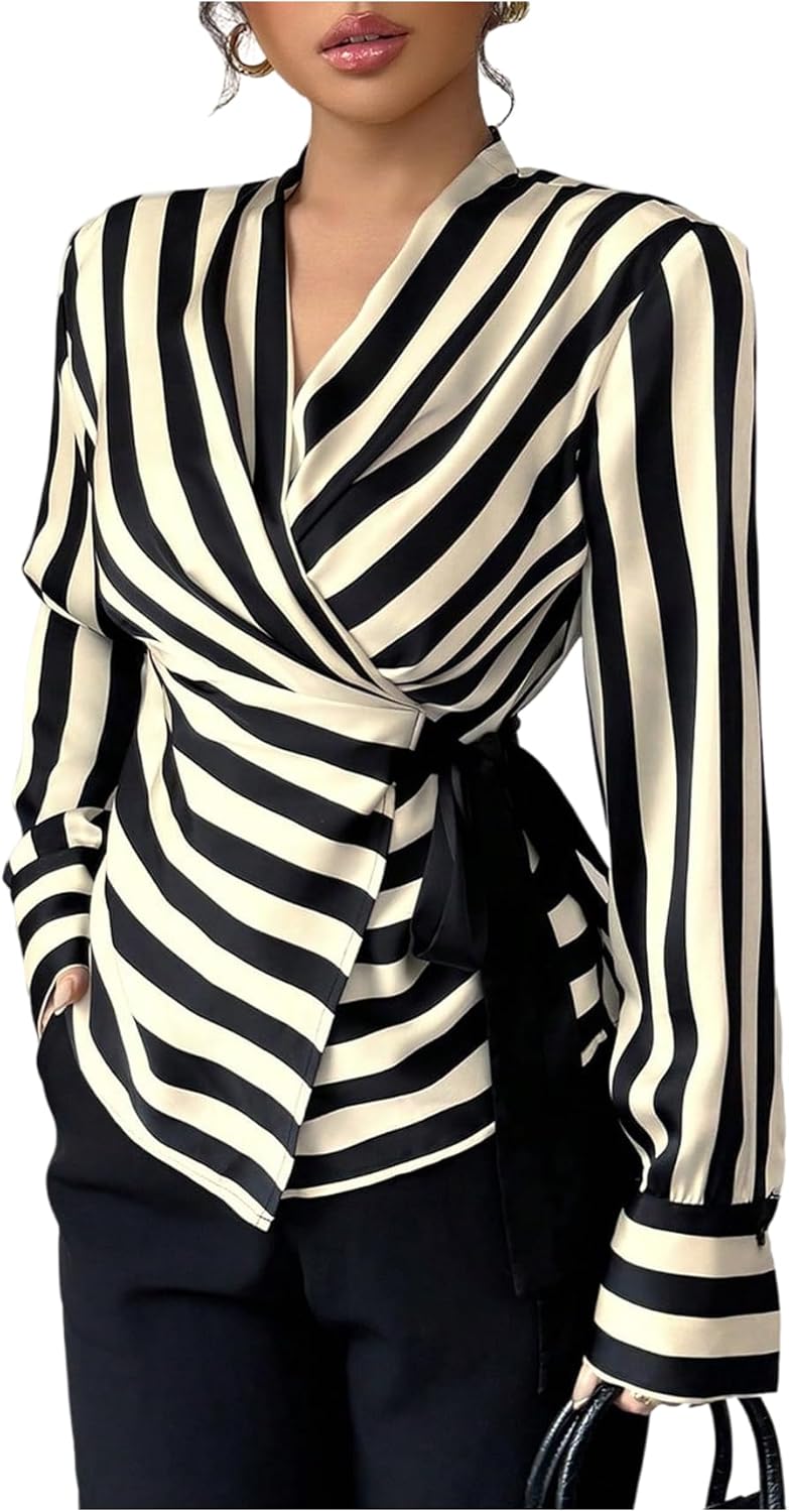 SOLY HUX Women's Tie Front Wrap Tops Striped Long Sleeve Shirt V Neck Dressy Casual Blouses