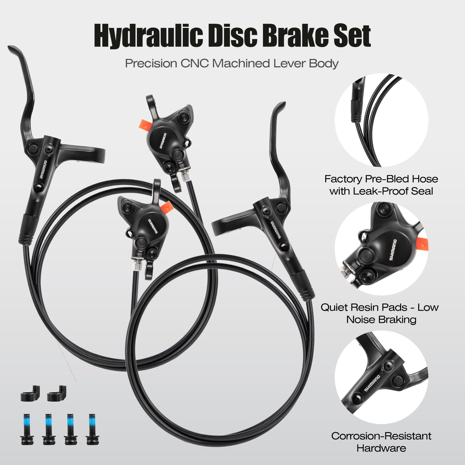 Set di Freni a Disco Idraulici MT200 — Freno Idraulico MTB Anteriore 800mm e Posteriore 1450mm con Pinze, Pre-Spurgati con Olio Minerale, Freno Idraulico per Bici Elettrica OAMCE