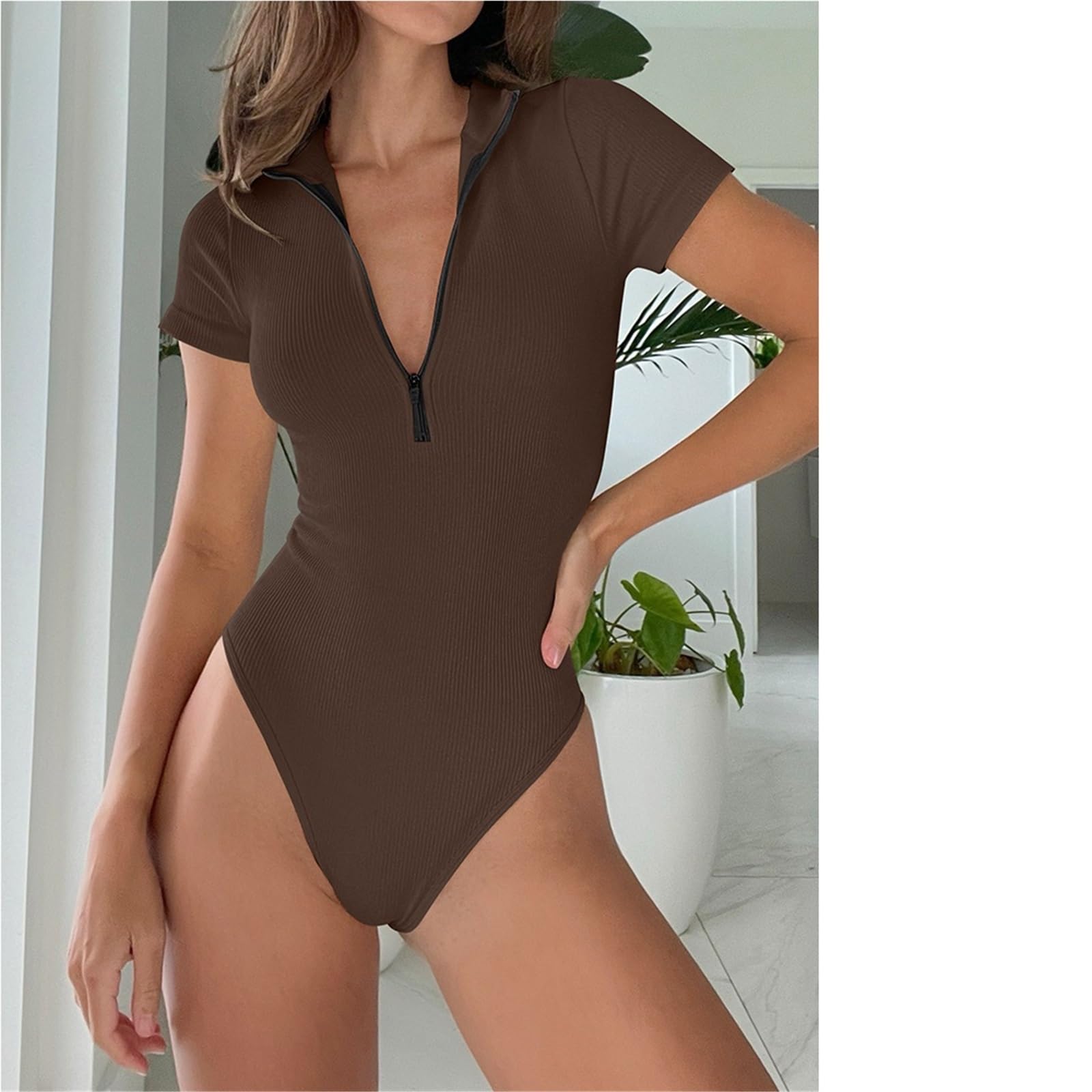 Mono de Yoga Mujer Body de yoga Medias manga corta con cuello en V Mono deportivo informal una pieza