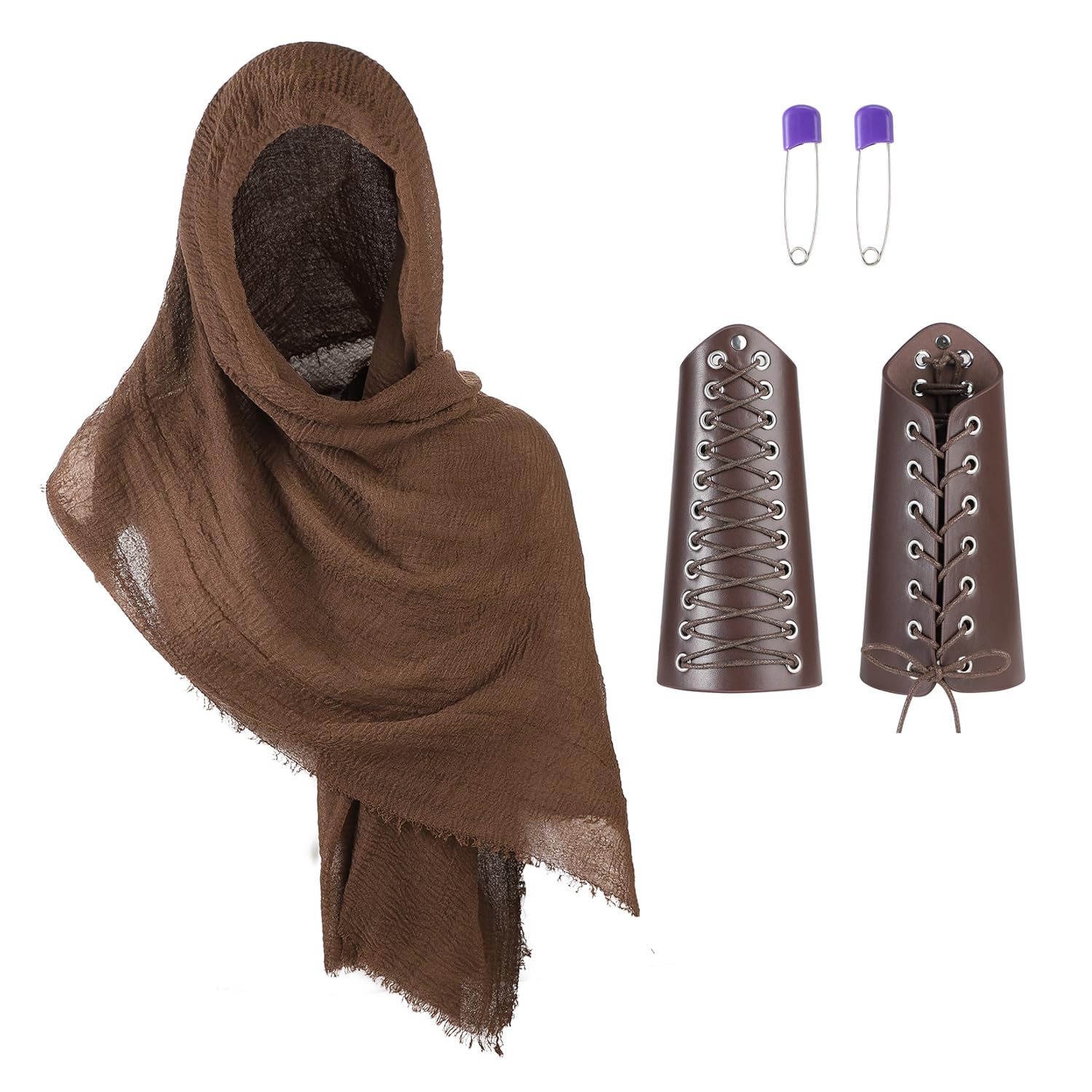 Medieval Knight Hooded Cloak Leather Gauntlet Wristband 2Pcs Viking Knight Costume Accessories Set for Men Women Medieval Renaissance Warrior Cosplay Accessories for LARP Halloween Party Festival