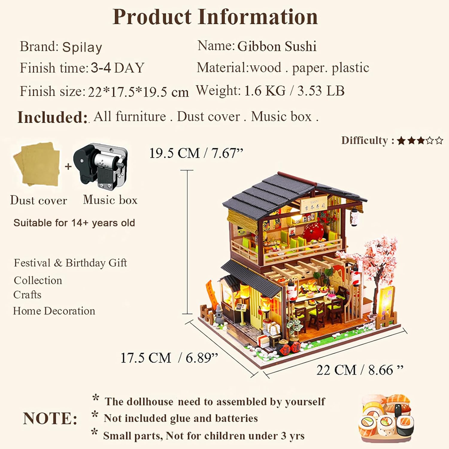 Product information image showing the finished size of the dollhouse (22x17.5x19.5 cm), weight (1.6 kg), materials (wood, paper, plastic), and included items like dust cover and music box. It also notes that glue and batteries are not included.