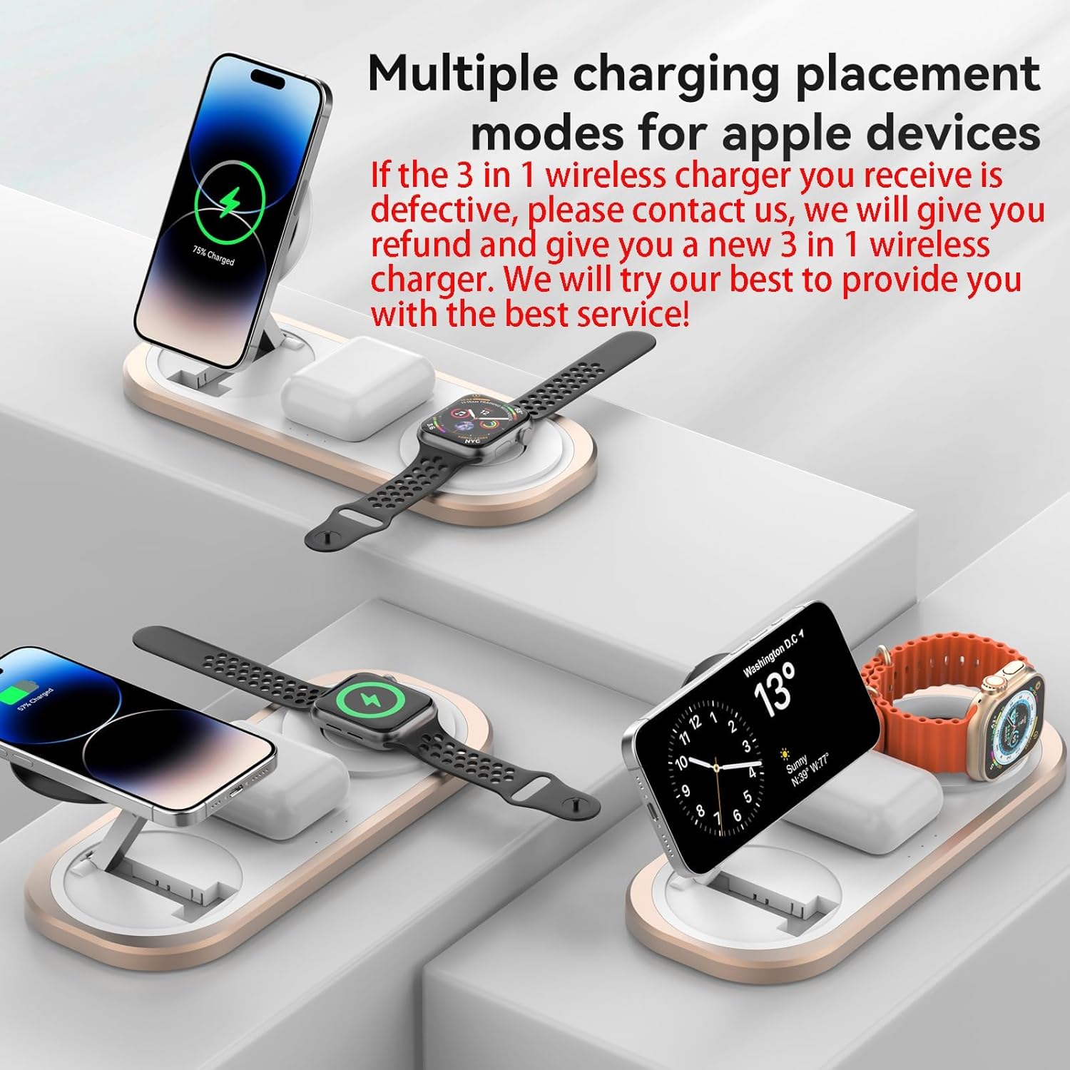 3 in 1 Foldable Charging Station for Apple Device, Fast Wireless Charger Stand for Magsafe for iPhone 17 Air 16 15 14 13 12 Series, Apple Watch Series & AirPods pro/2/3/4, Gifts for Women Men (Golden)