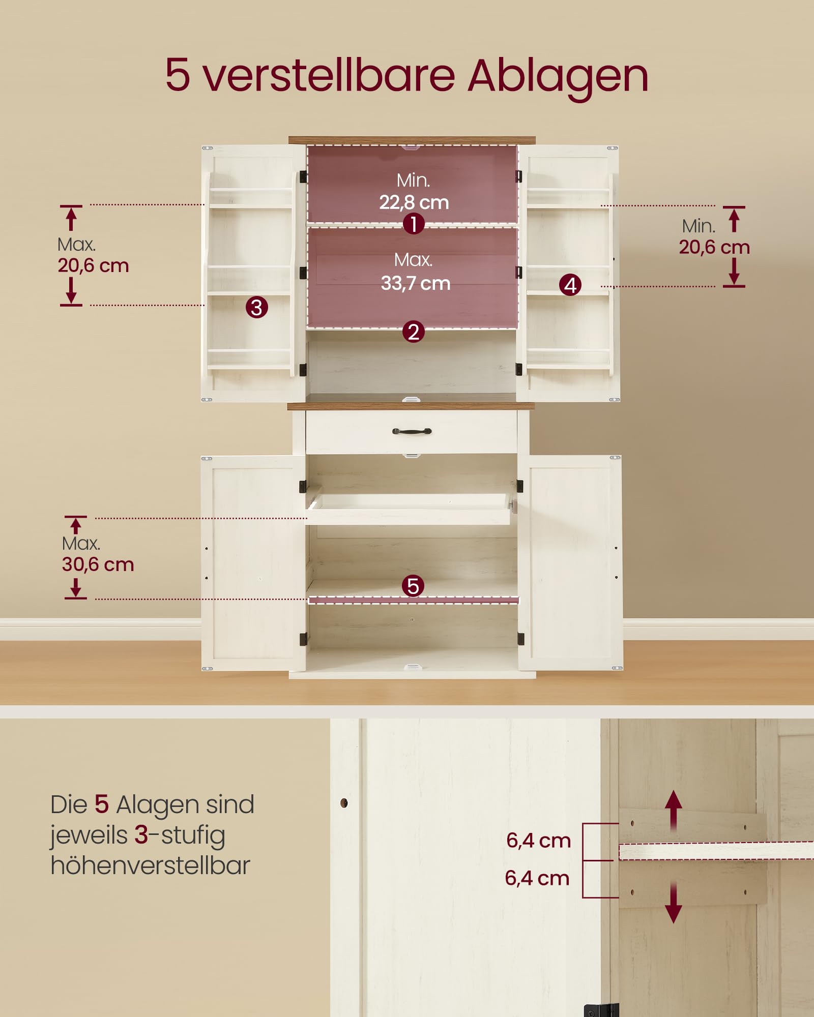VASAGLE Küchenschrank, 178,6 cm hoher Mehrzweckschrank, Landhausstil, mit Schiebetüren, Schublade, Ablage und verstellbaren Einlegeböden, für Küche Esszimmer, vintageweiß BBK364W02
