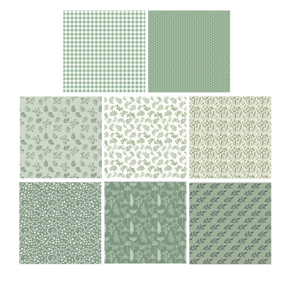 Set di 8 scampoli di tessuto per trapuntatura floreale verde salvia, 50 x 50 cm, in poliestere, stile patchwork vintage a quadretti, per trapunte fai da te, confezioni regalo e decorazioni primaverili