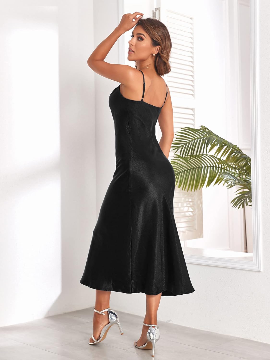 Women's Spaghetti Strap Midi Satin Silk Dresses Slip Cowl Neck Party Cocktail Evening Sexy Dress