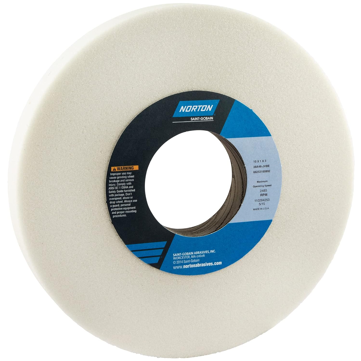 Norton 10" Dia. 1" Thick 3" Hole Size 46 Grit 38A Aluminum Oxide J Hardness Type 1 Surface Grinding Wheel