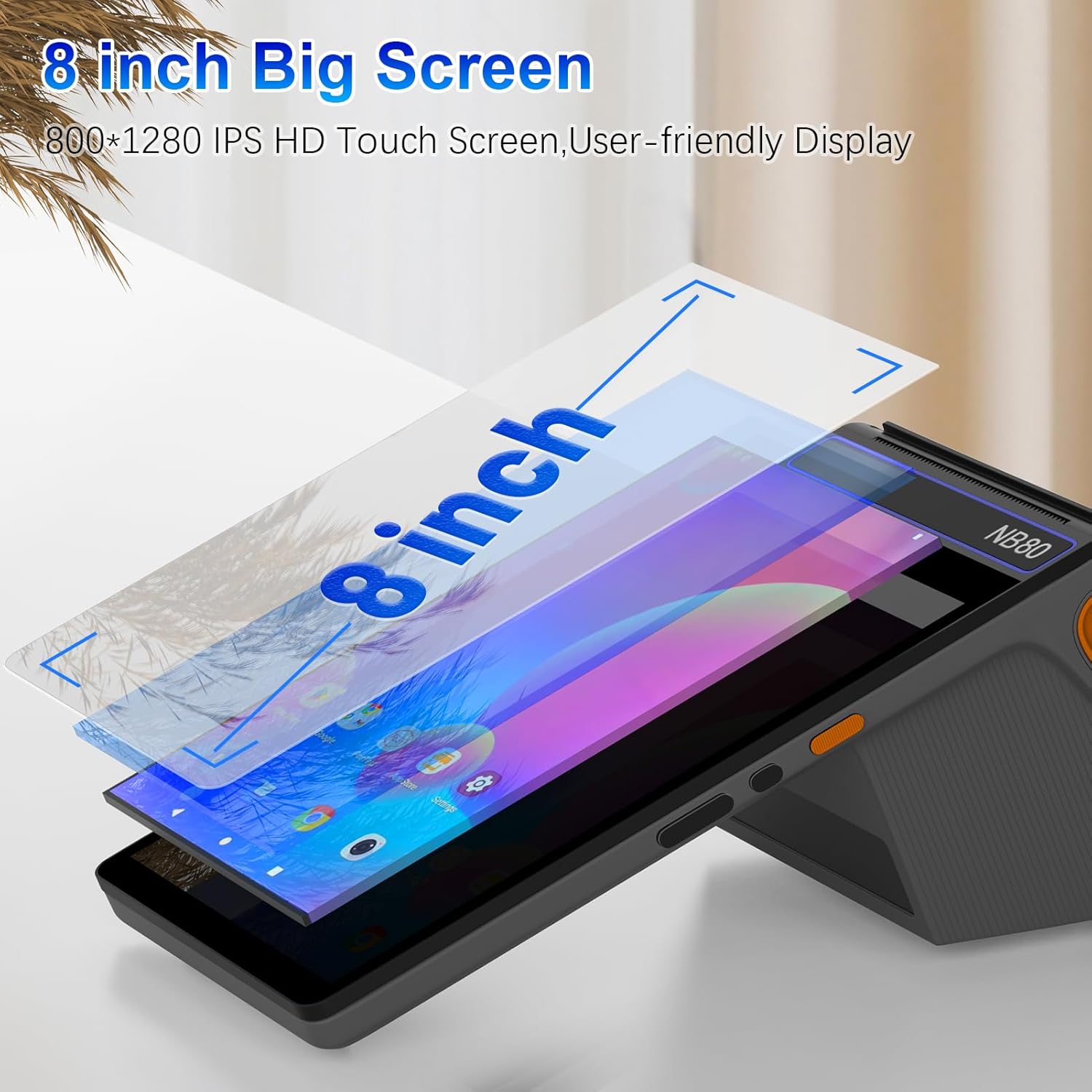 Alacrity NB80 POS Terminal highlighting its 8-inch touch screen