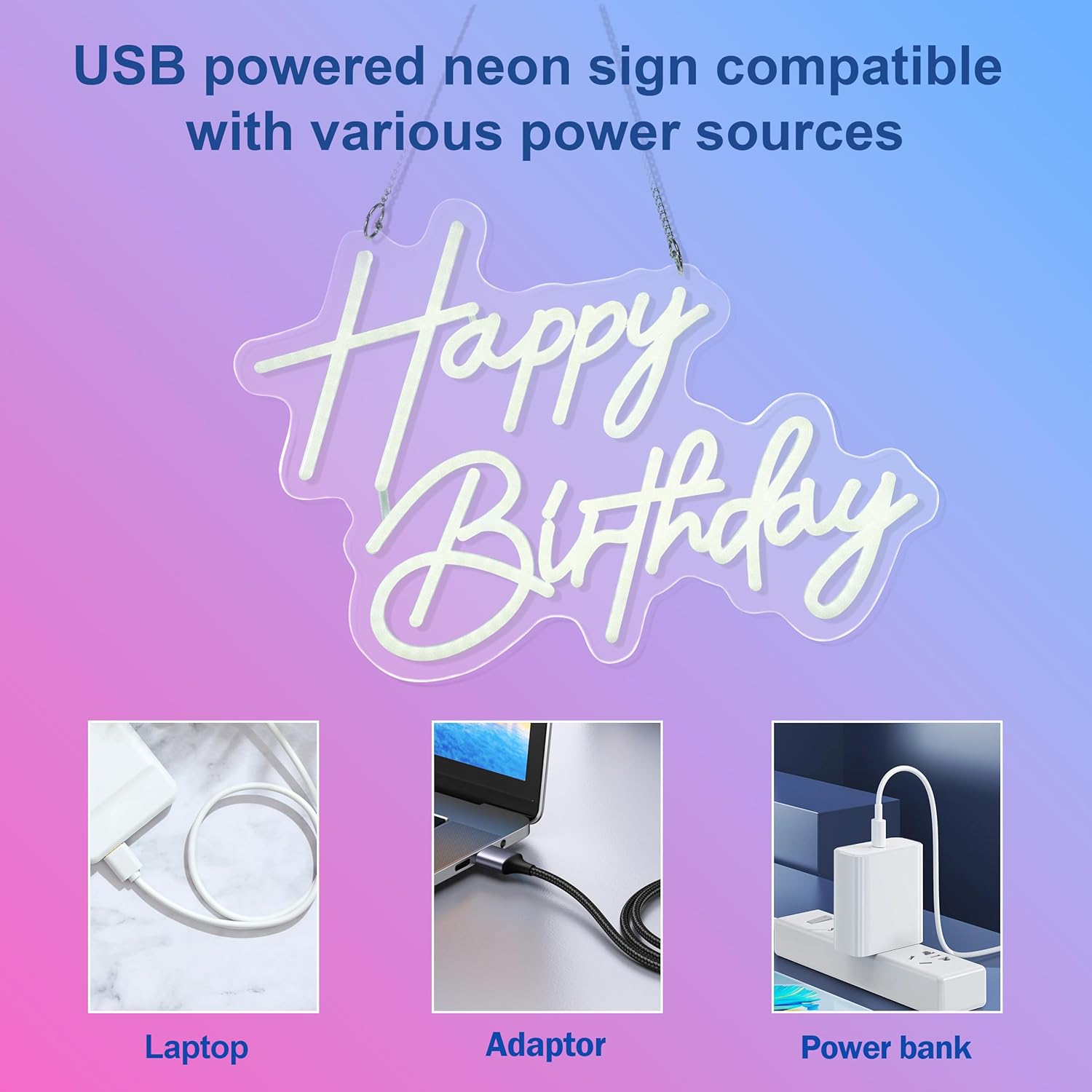 Happy Birthday Neon Sign Art Wall Lights for Beer Bar Club Bedroom Hotel Pub Cafe Wedding Birthday Party Gifts (White)