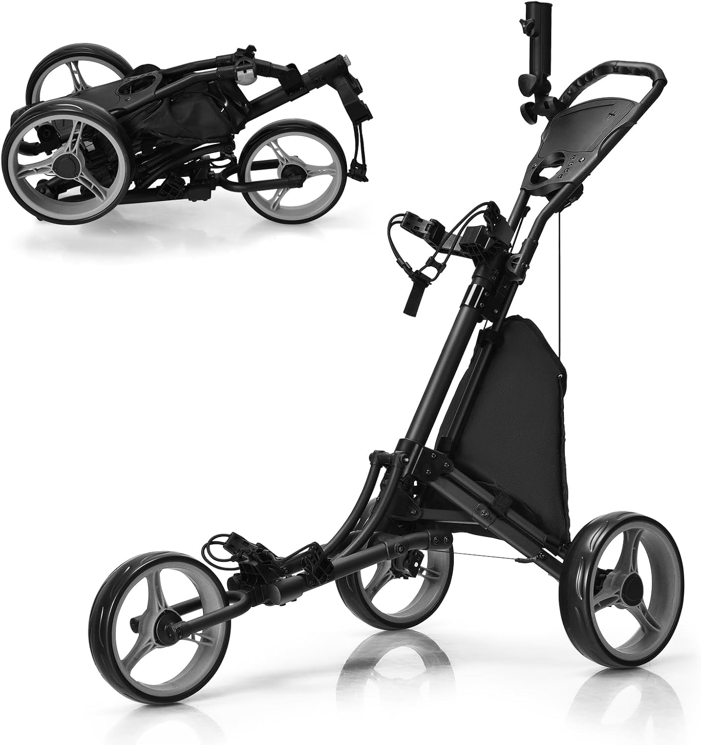 Tangkula Golf Push Pull Cart, Lightweight Aluminum Collapsible 3 Wheels Push Cart, Golf Trolley with Elastic Strap, Umbrella & Cup Holder, Scoreboard Storage & Foot Brake, Golf Cart