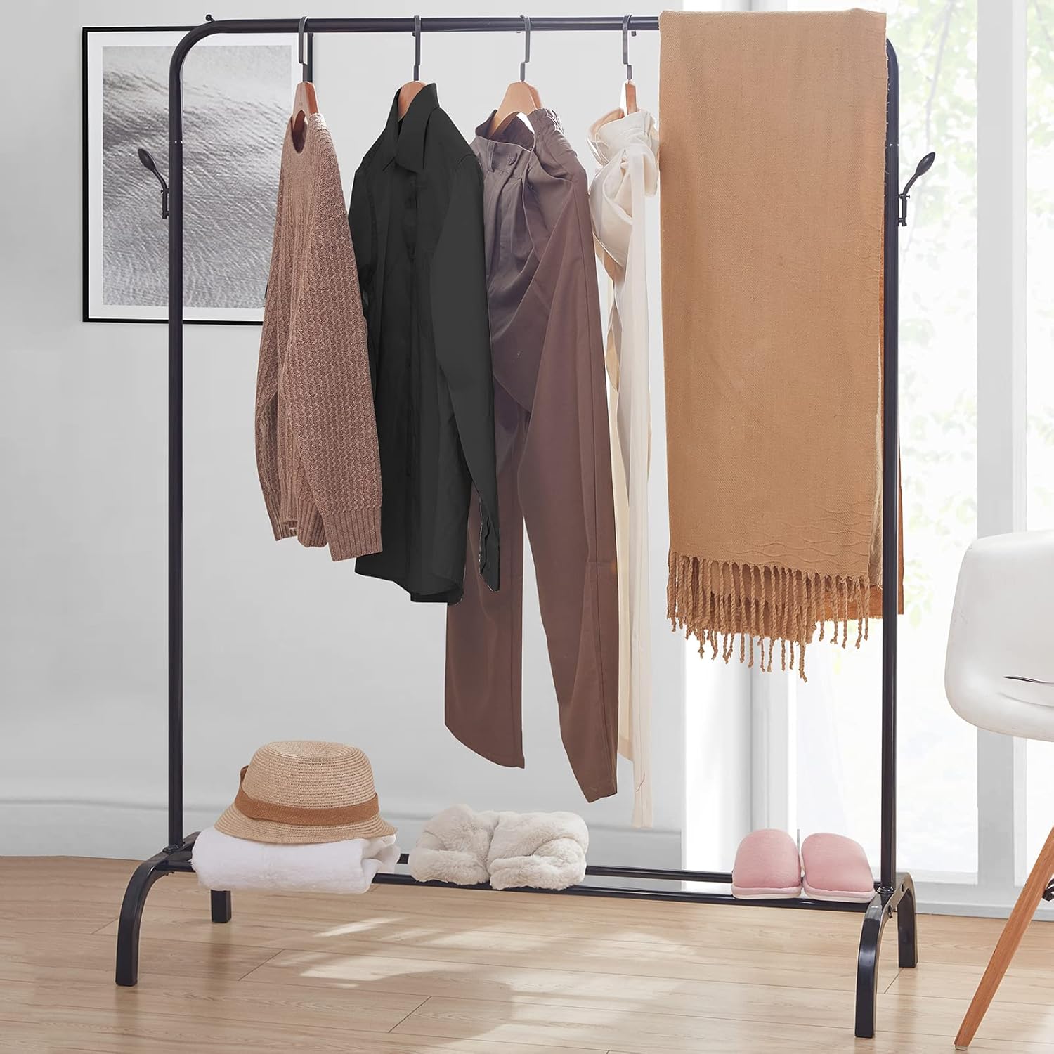 WEASHUME Clothes Hanging Rail with Shelf and Hooks Clothes Rack ...