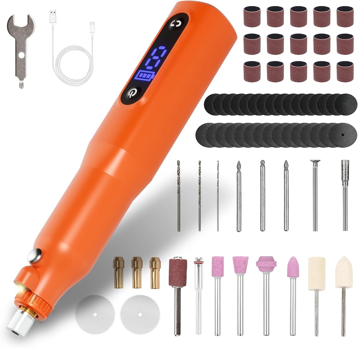 Cordless Rotary Tool Kit - 9-Speed Adjustable with USB Charging | Multi-Purpose Engraving Pen for Sanding, Polishing, Drilling & DIY Crafts | Includes 3D Printing Accessories (Orange with Light)