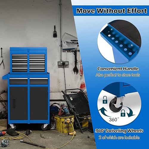Miniatura 5 de Goplus Caja de herramientas, gabinete rodante de 5 cajones con caja de herramientas superior desmontable, ruedas con cerradura, barra de bloqueo,