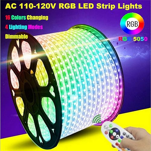 Miniatura 5 de XUNATA Tira de luz LED RGB de 33 pies, CA, 110 V, 600 unidades, SMD 5050 LED, control remoto, multicolor, impermeable, flexible, para decoración de