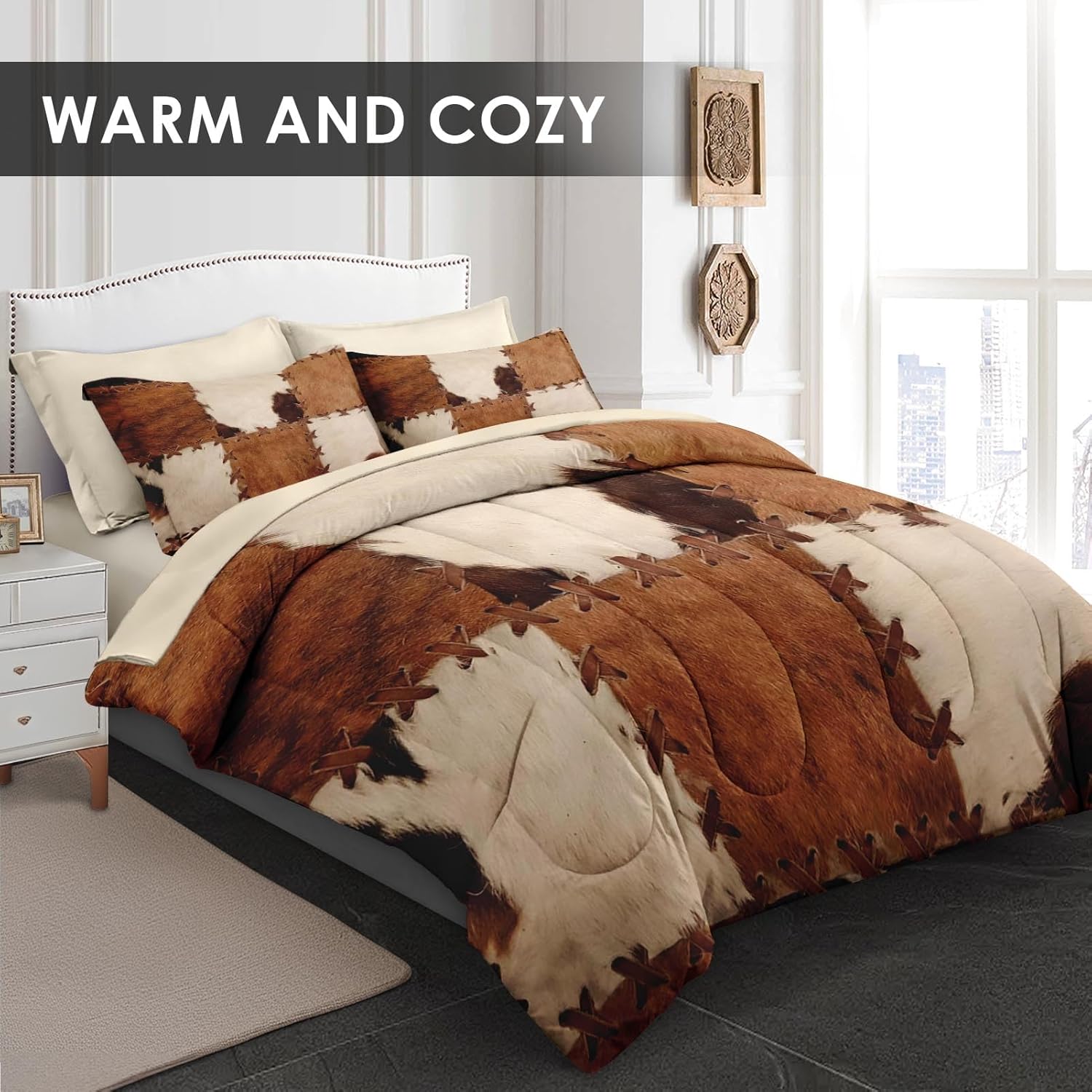 7 Pcs Queen Size Comforter Set with 2 Pillowcases & 2 Shams, Rustic Brown Cow Bedding for Kids and Adults, Vintage Retro Cowhide Print Bed in a Bag with Fitted Sheet - Image 3