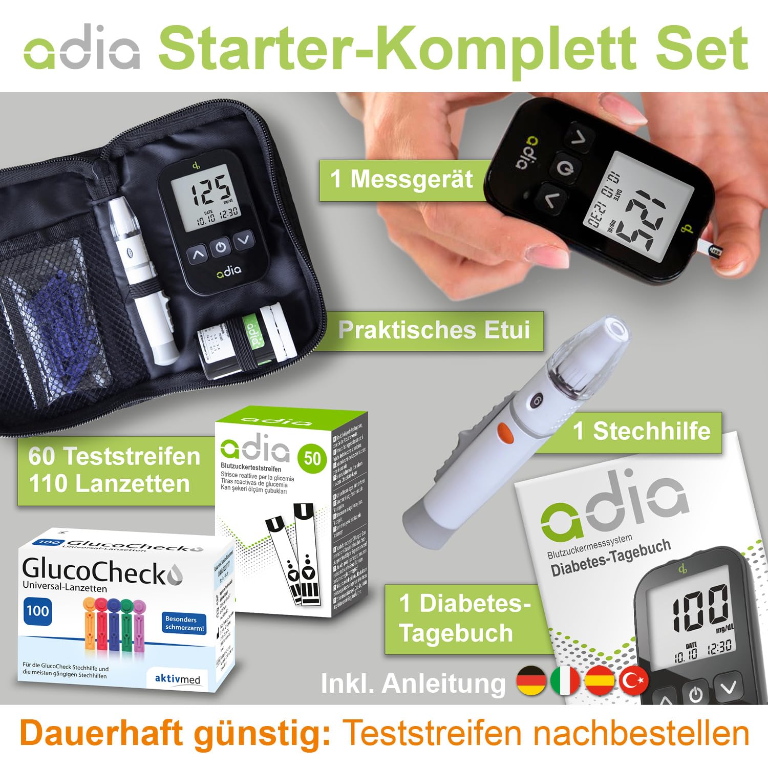 Komplett-Set adia Blutzuckermessgerät (mg/dL) + 60 Blutzuckerteststreifen + 110 Lanzetten, 1 Stechhilfe, 1 Etui, zur Blutzucker-Selbstkontrolle für Zuhause