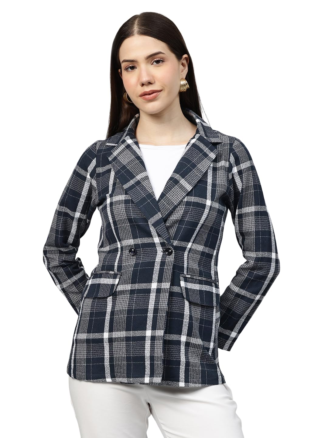 Women Checked Double-Breasted Blazer-image-28